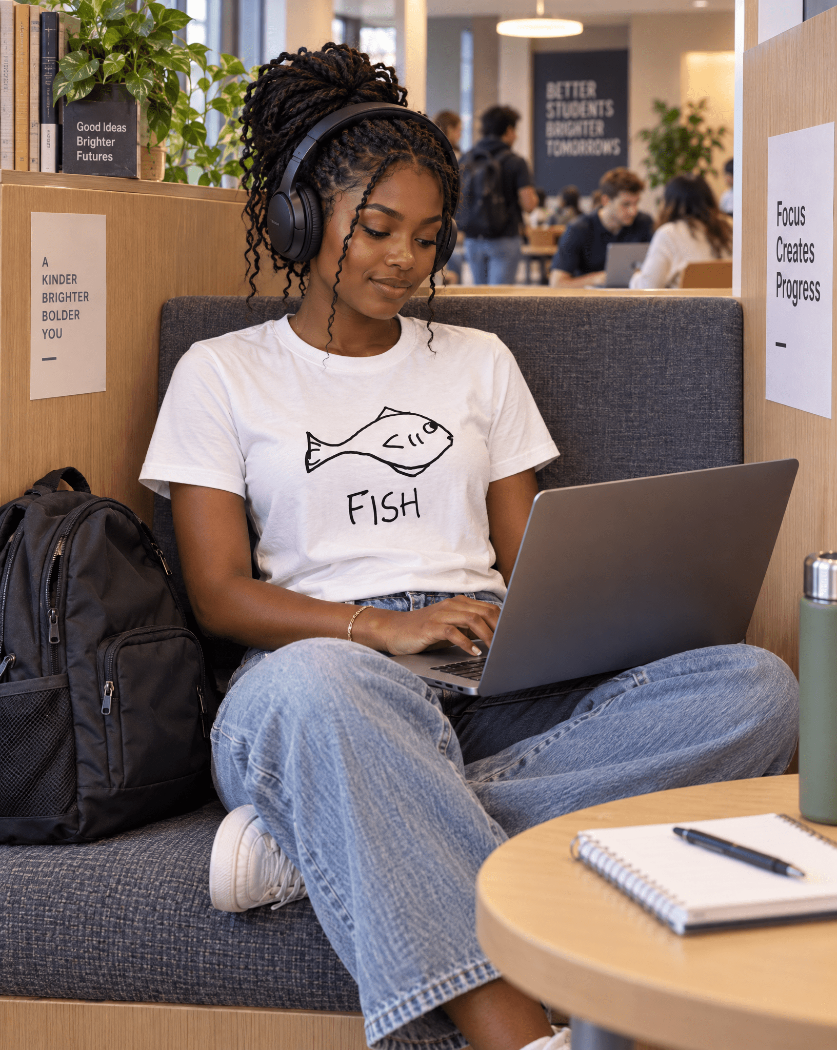 Sep 29 fish women's tee — student center lifestyle photo