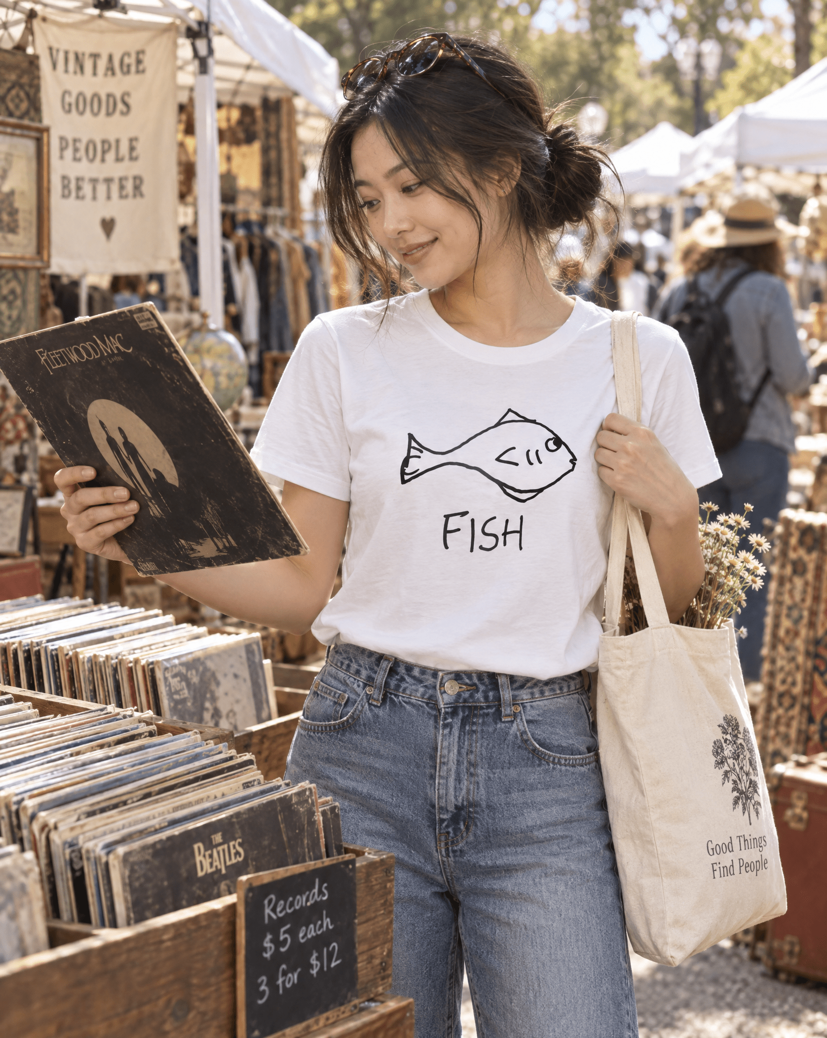 Sep 29 fish women's tee — vintage market lifestyle photo