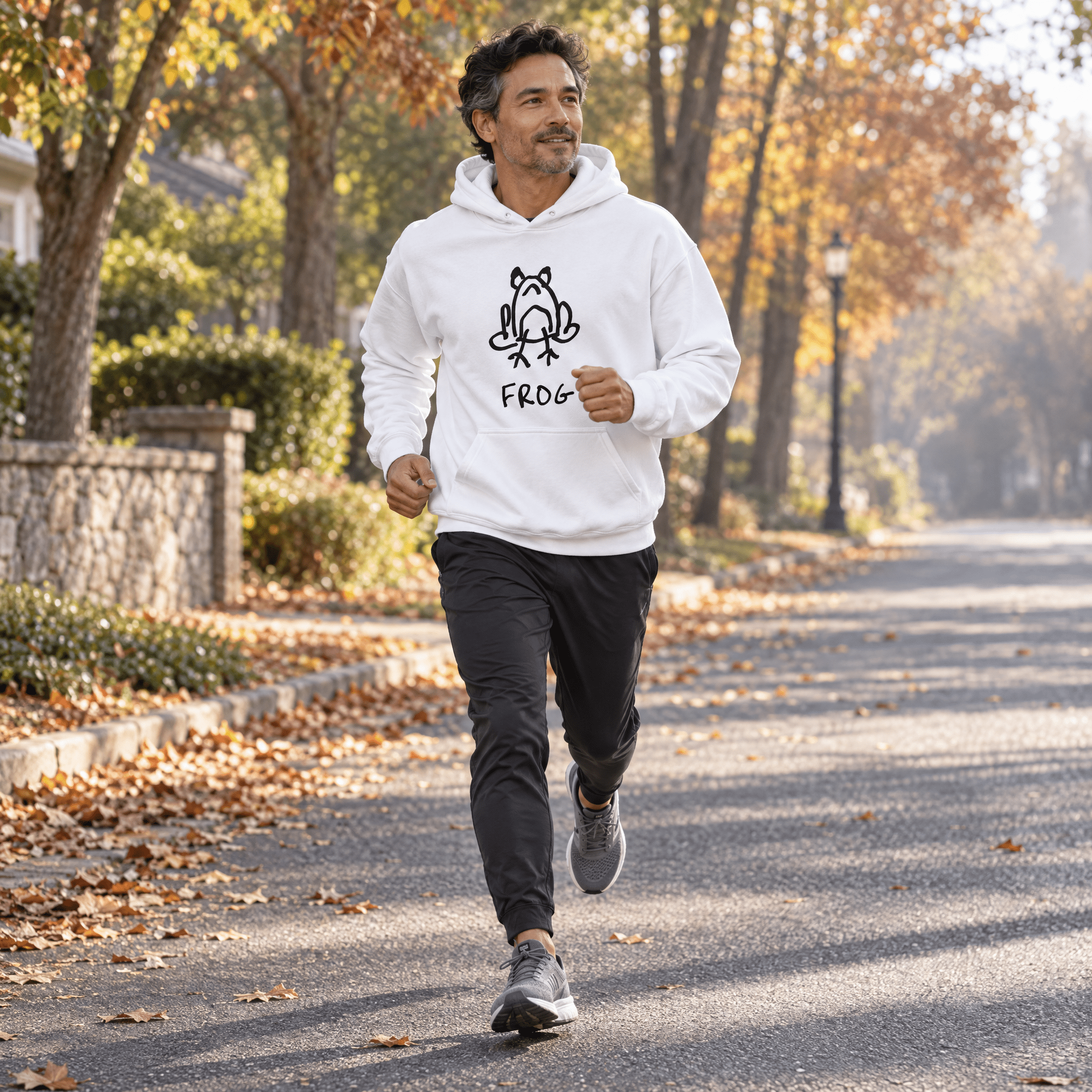 lo-fi Frog Hoodie — hand-drawn frog graphic on a white pullover hoodie