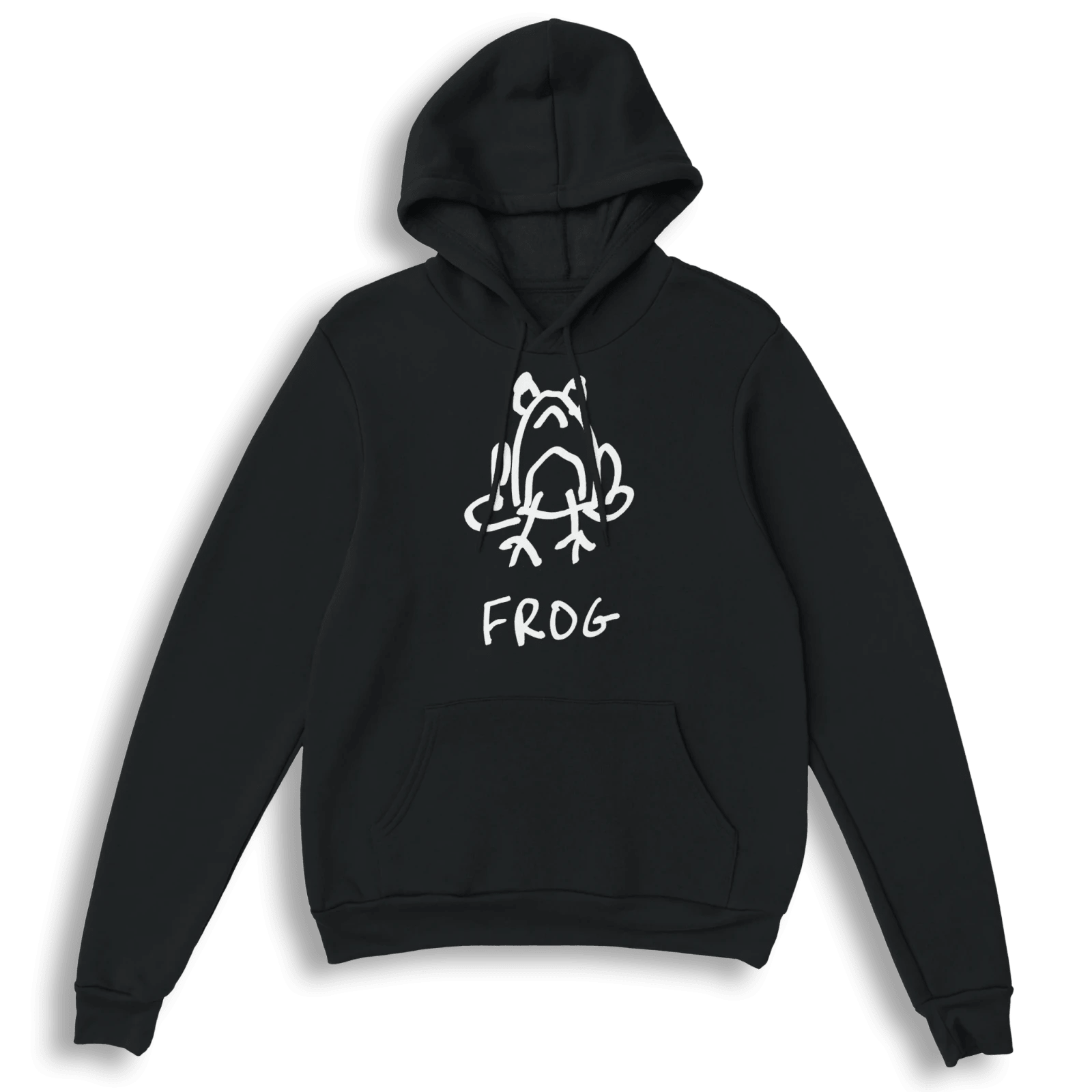 lo-fi Frog Hoodie — hand-drawn frog graphic on a black pullover hoodie