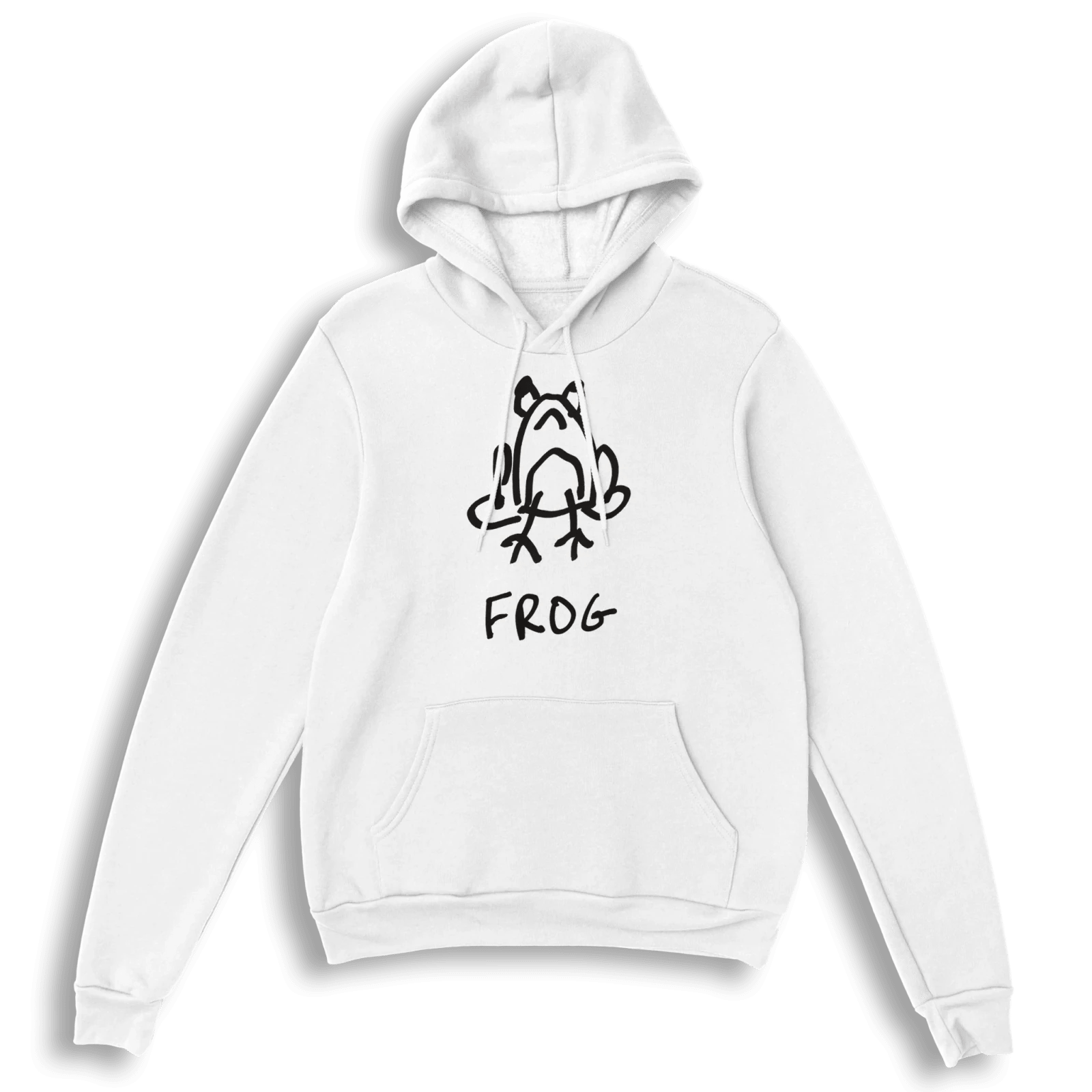 lo-fi Frog Hoodie — hand-drawn frog graphic on a white pullover hoodie