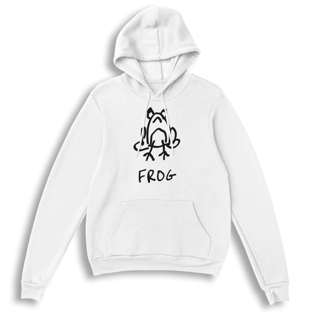 lo-fi Frog Hoodie — hand-drawn frog graphic on a white pullover hoodie