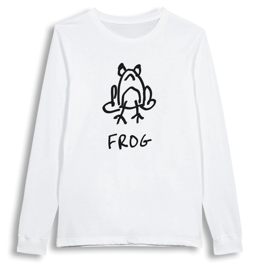 lo-fi Frog Long Sleeve Tee — hand-drawn frog graphic on a white long-sleeve t-shirt