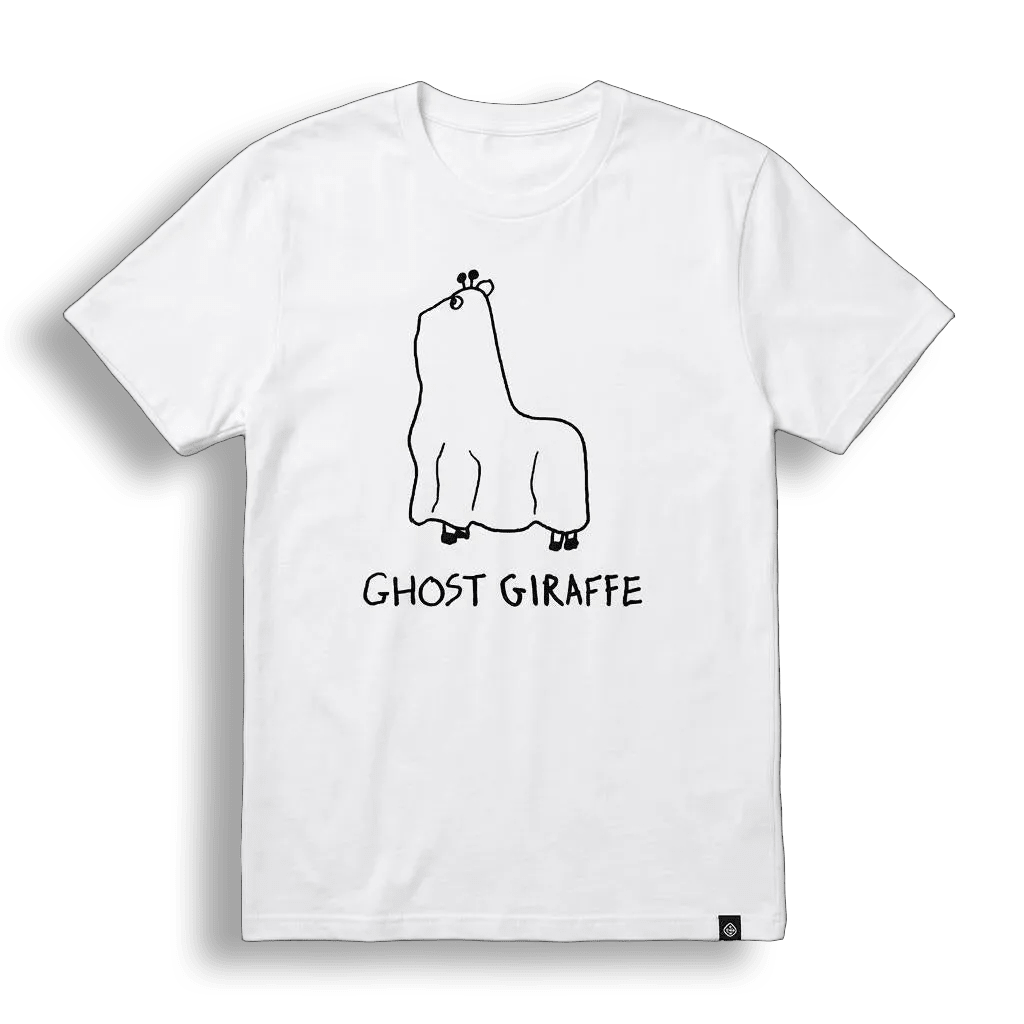 A white short-sleeve crewneck t-shirt featuring a black line art graphic of a giraffe draped in a ghost, with the text 'GHOST GIRAFFE' printed below it.