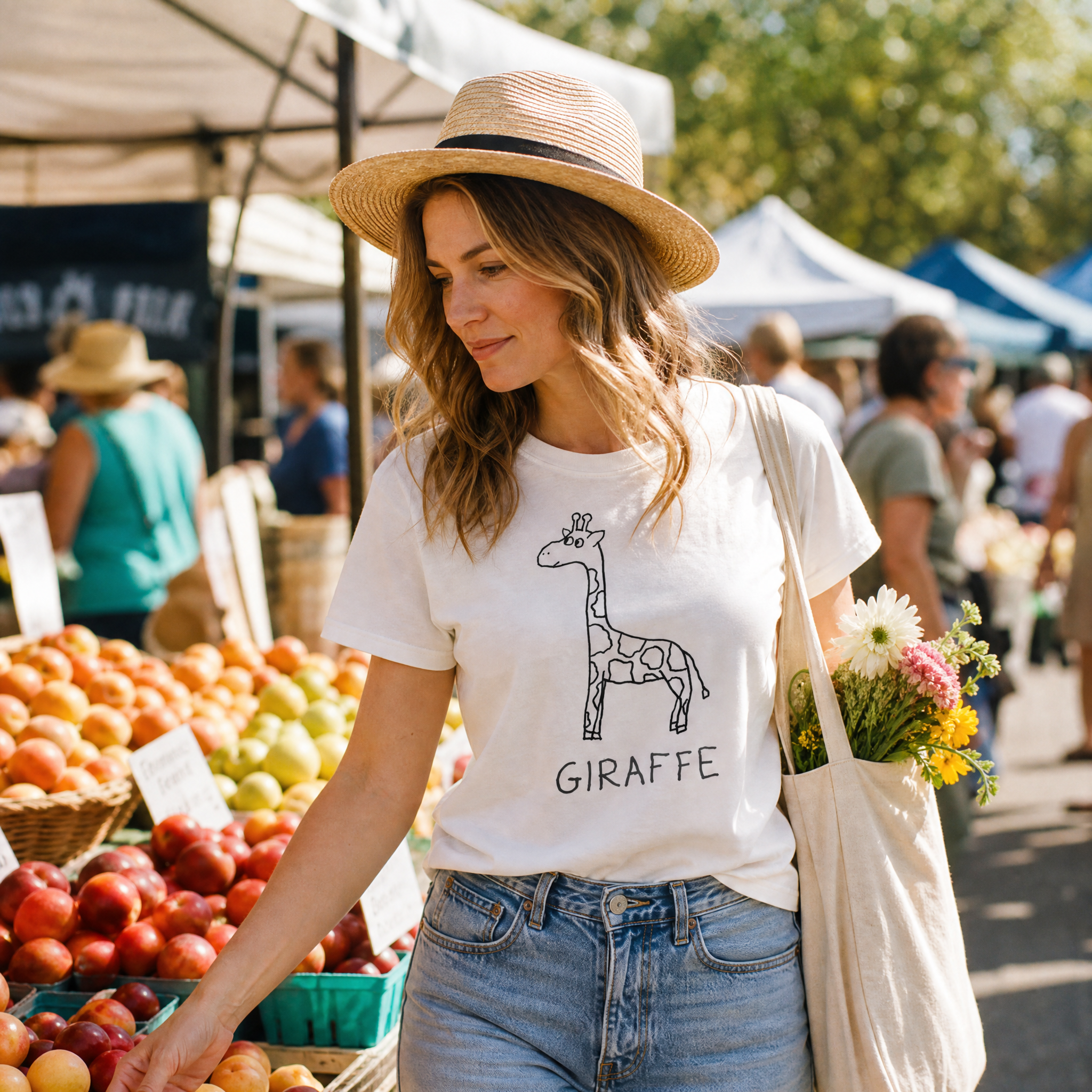 Woman in a straw hat at a farmers market wearing a lo-fi Giraffe Classic Tee