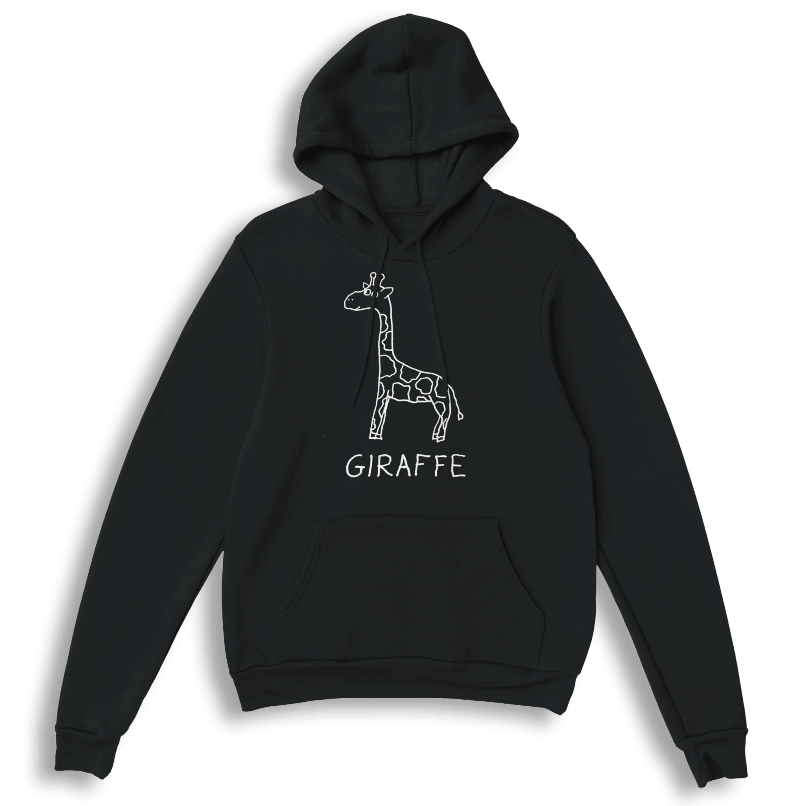 lo-fi Giraffe Hoodie — hand-drawn giraffe graphic on a black pullover hoodie