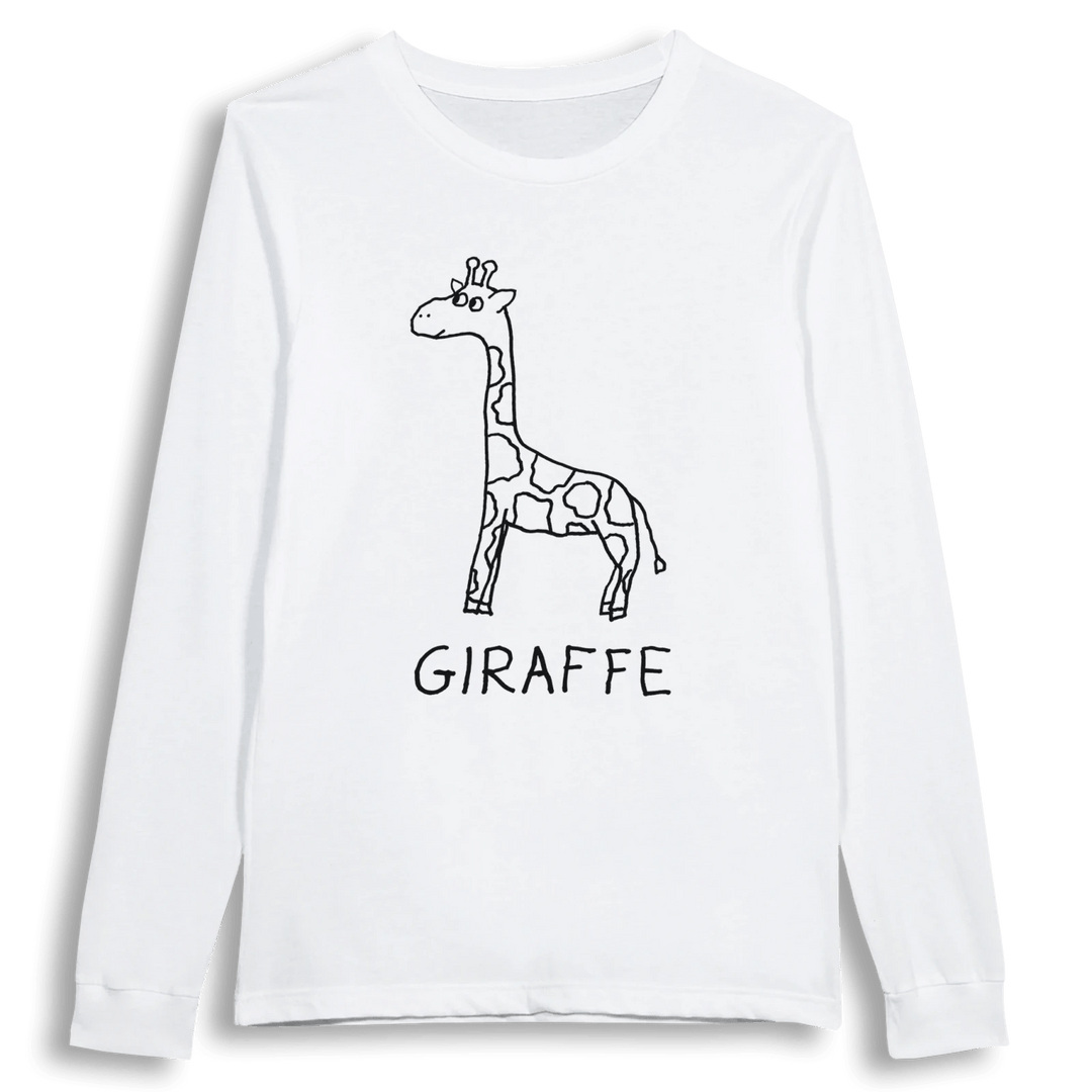 lo-fi Giraffe Long Sleeve Tee — hand-drawn giraffe graphic on a white long-sleeve t-shirt