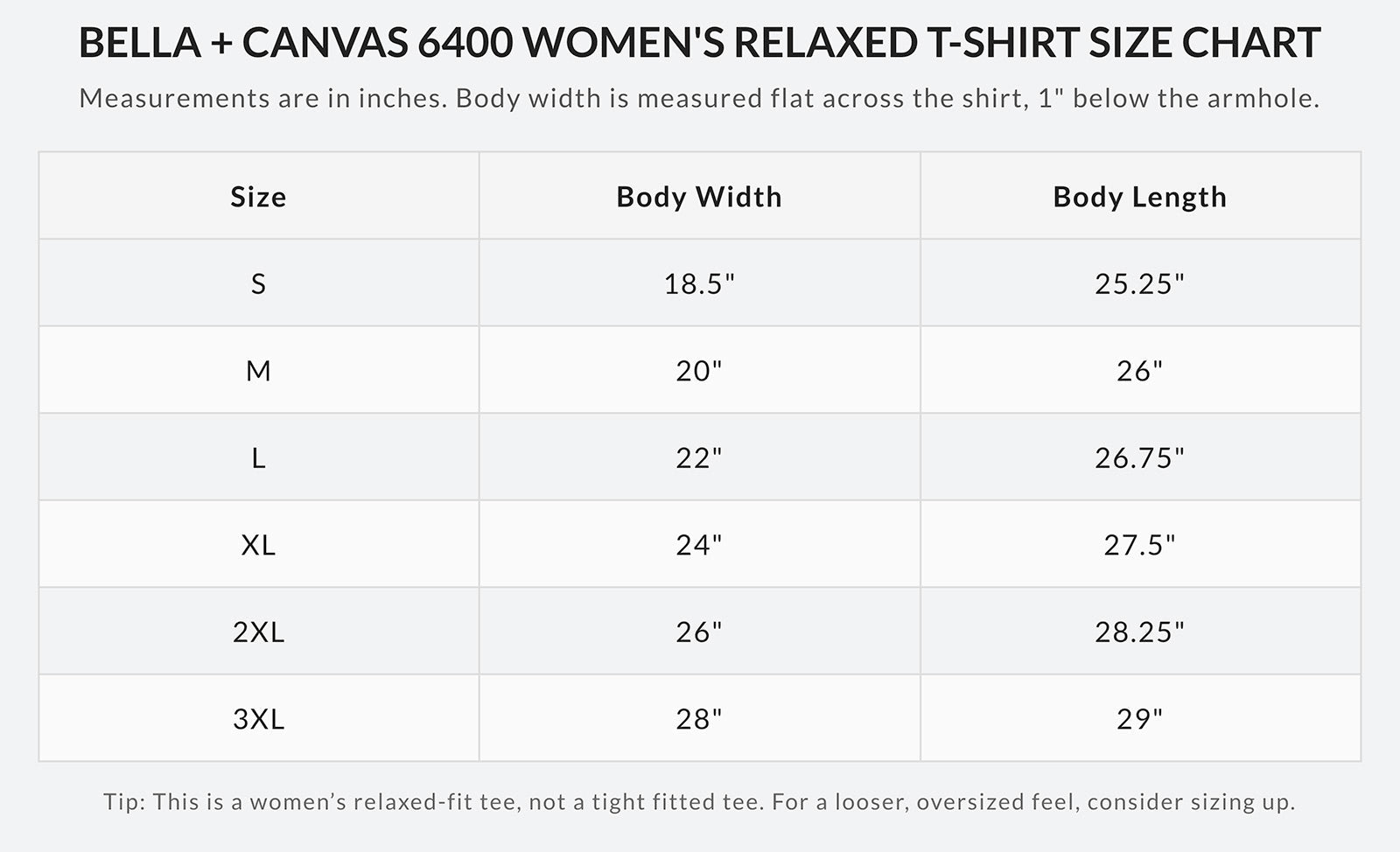 Bella + Canvas 6400 women's relaxed t-shirt size chart in inches