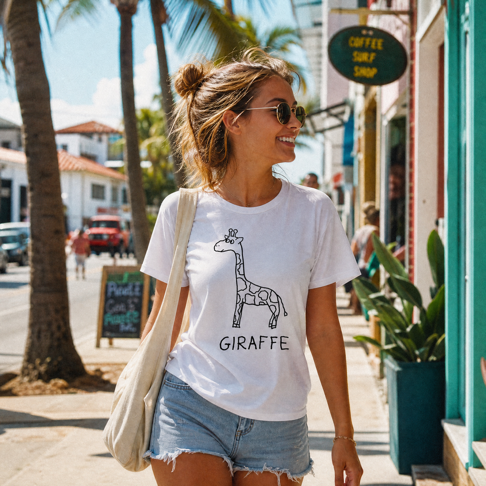 Woman walking a beach town street wearing a lo-fi Giraffe Women's Relaxed T-Shirt in white