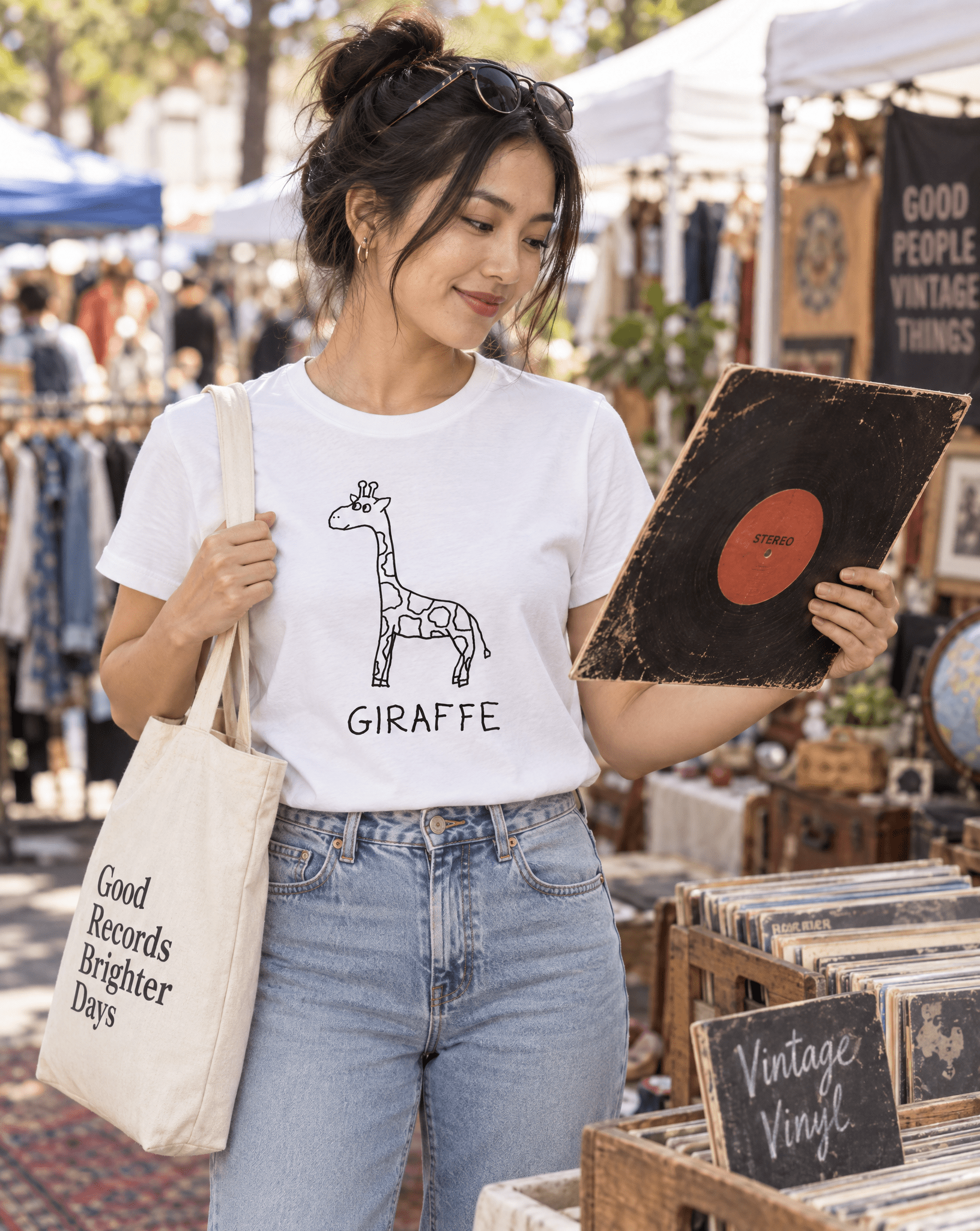 Sep 29 giraffe women's tee — vintage market lifestyle photo