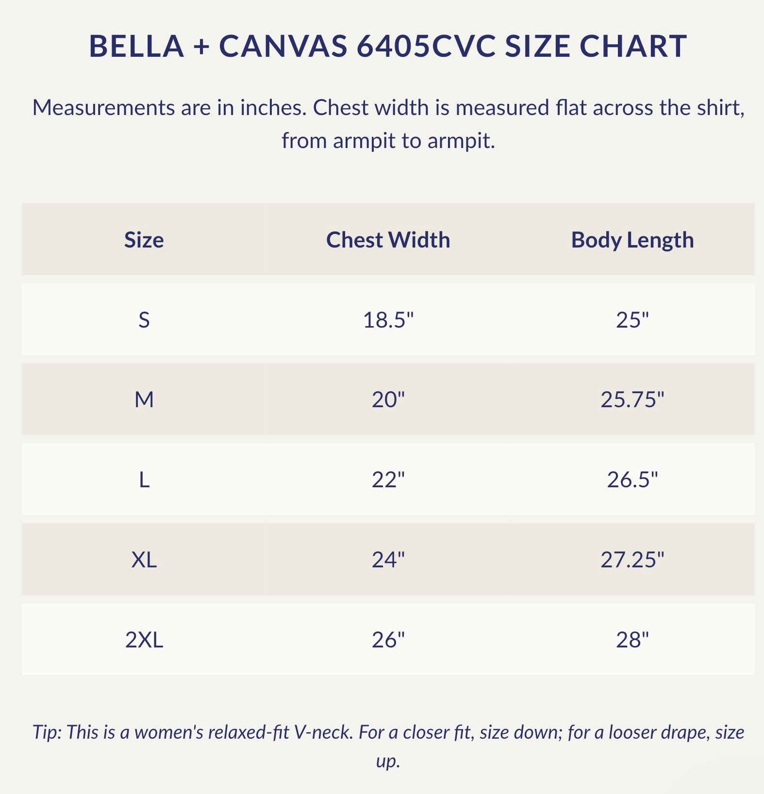 Bella + Canvas 6405CVC women's relaxed-fit V-neck tee size chart in inches