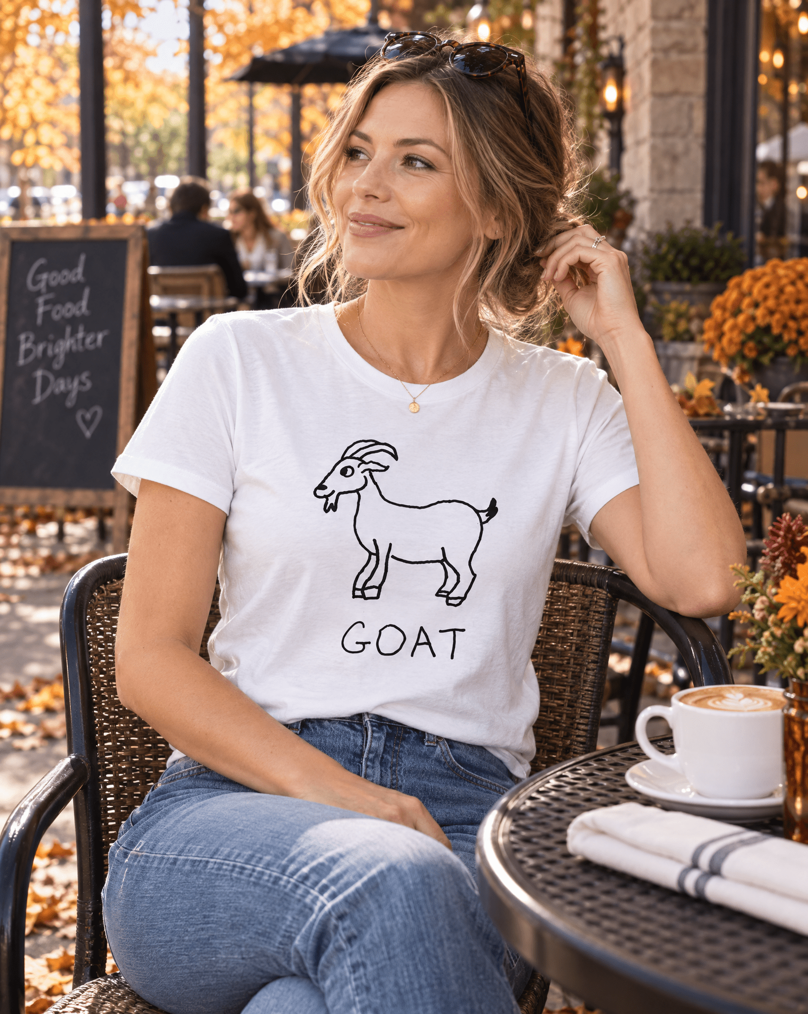Sep 29 goat women's tee — autumn patio lifestyle photo