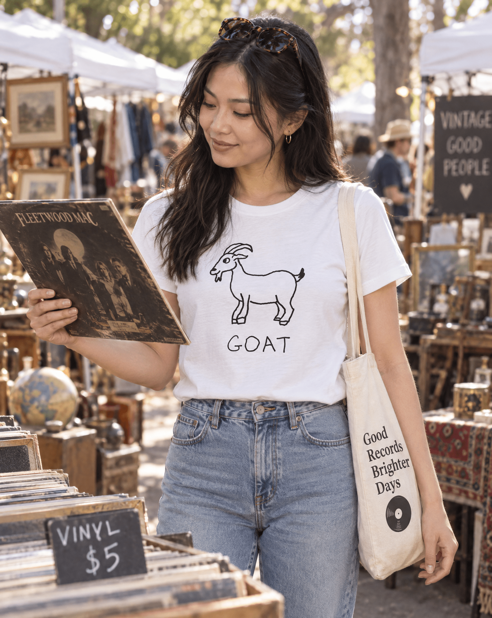 Sep 29 goat women's tee — vintage market lifestyle photo