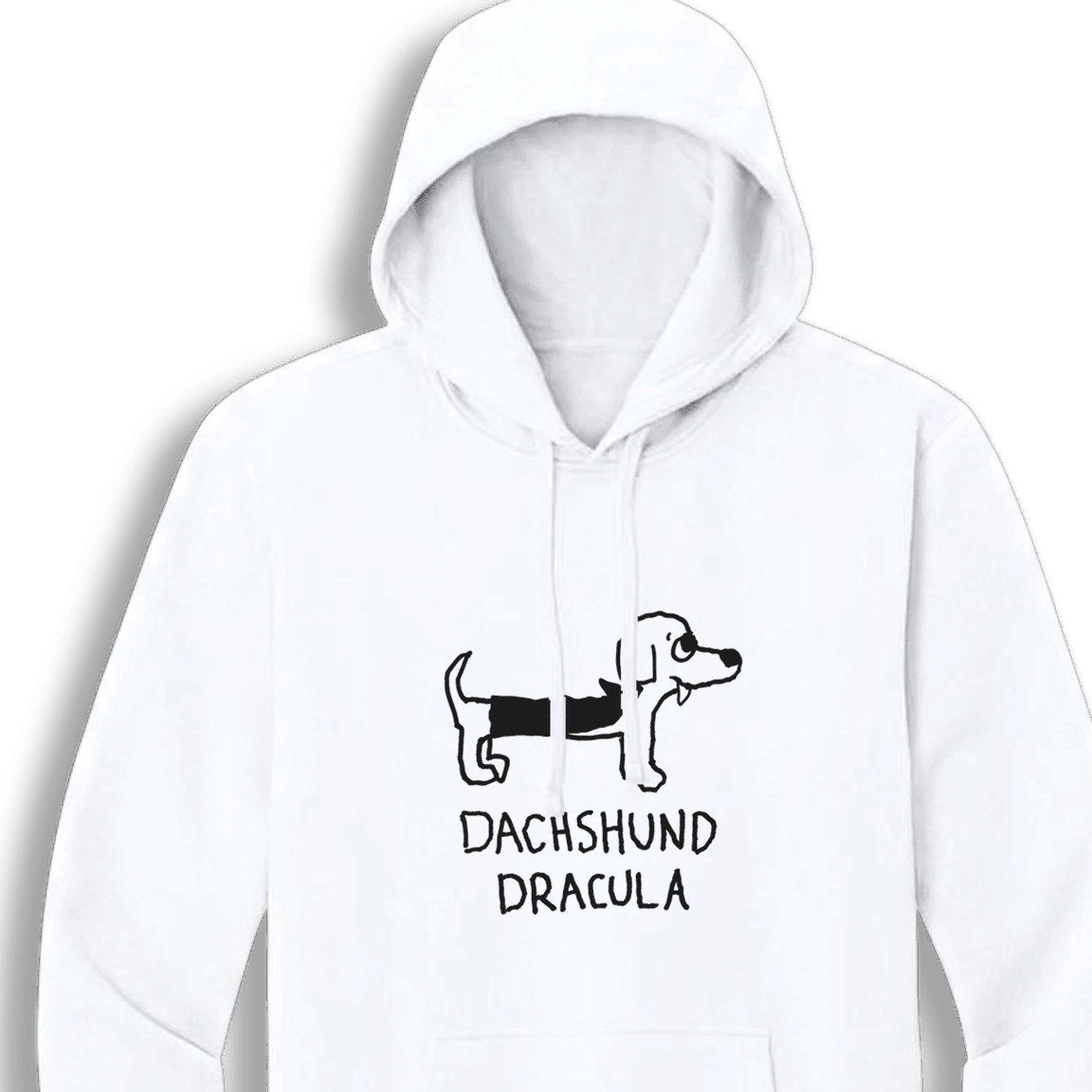 A white pullover hoodie with a black graphic of a dachshund wearing a bandage and the text 'DACHSHUND DRACULA' printed on the chest, shown against a plain white background.