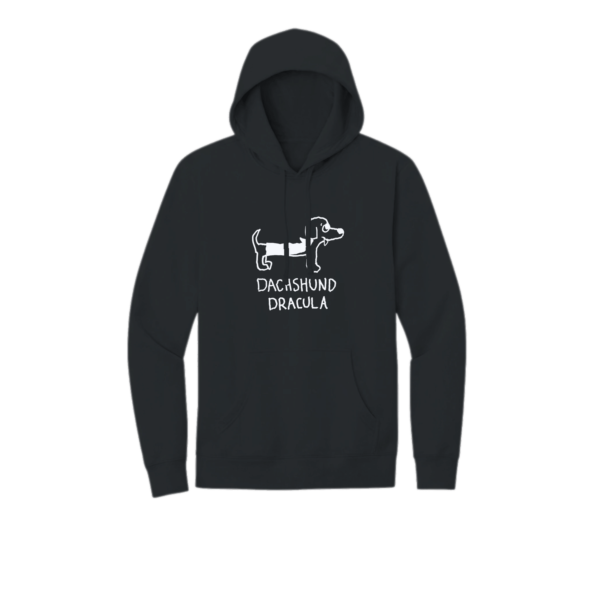 A white pullover hoodie with a black graphic of a dachshund wearing a bandage and the text 'DACHSHUND DRACULA' printed on the chest, shown against a plain white background.