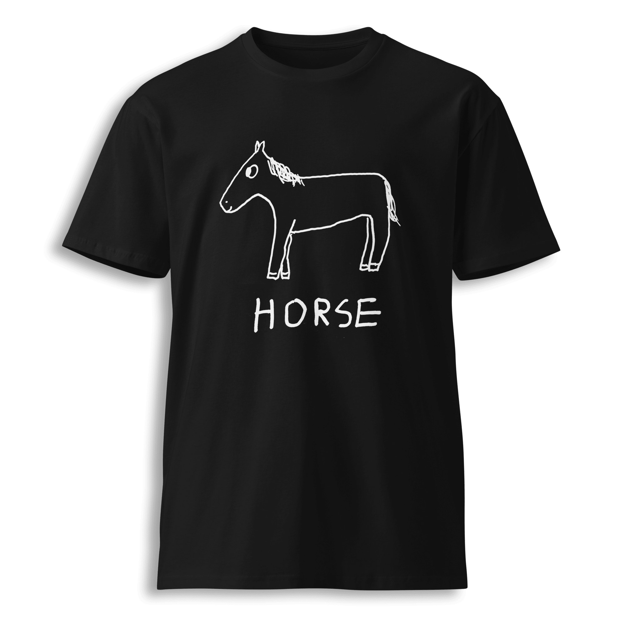 lo-fi Horse Classic Tee — hand-drawn horse graphic on a black t-shirt