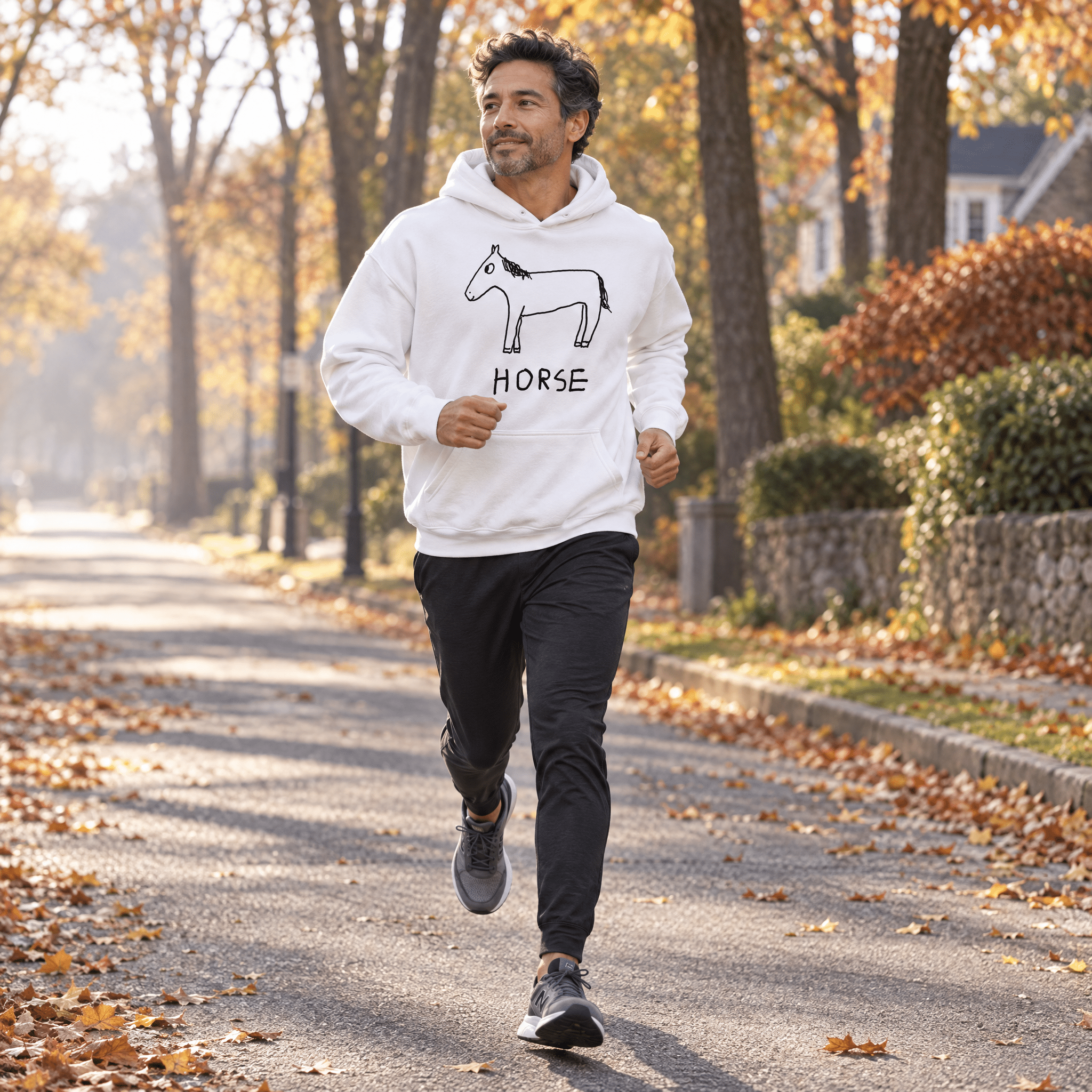 lo-fi Horse Hoodie — hand-drawn horse graphic on a white pullover hoodie