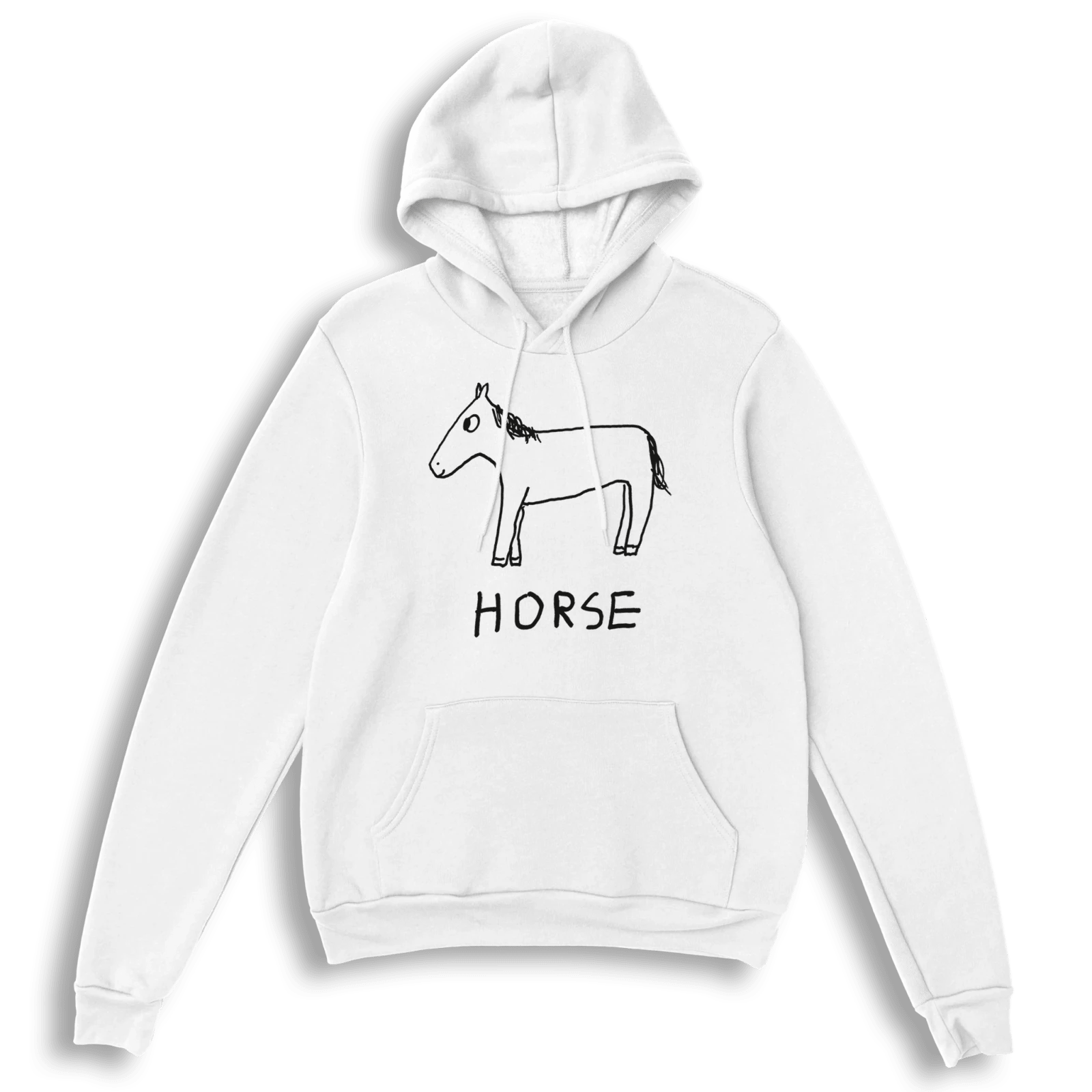 lo-fi Horse Hoodie — hand-drawn horse graphic on a white pullover hoodie