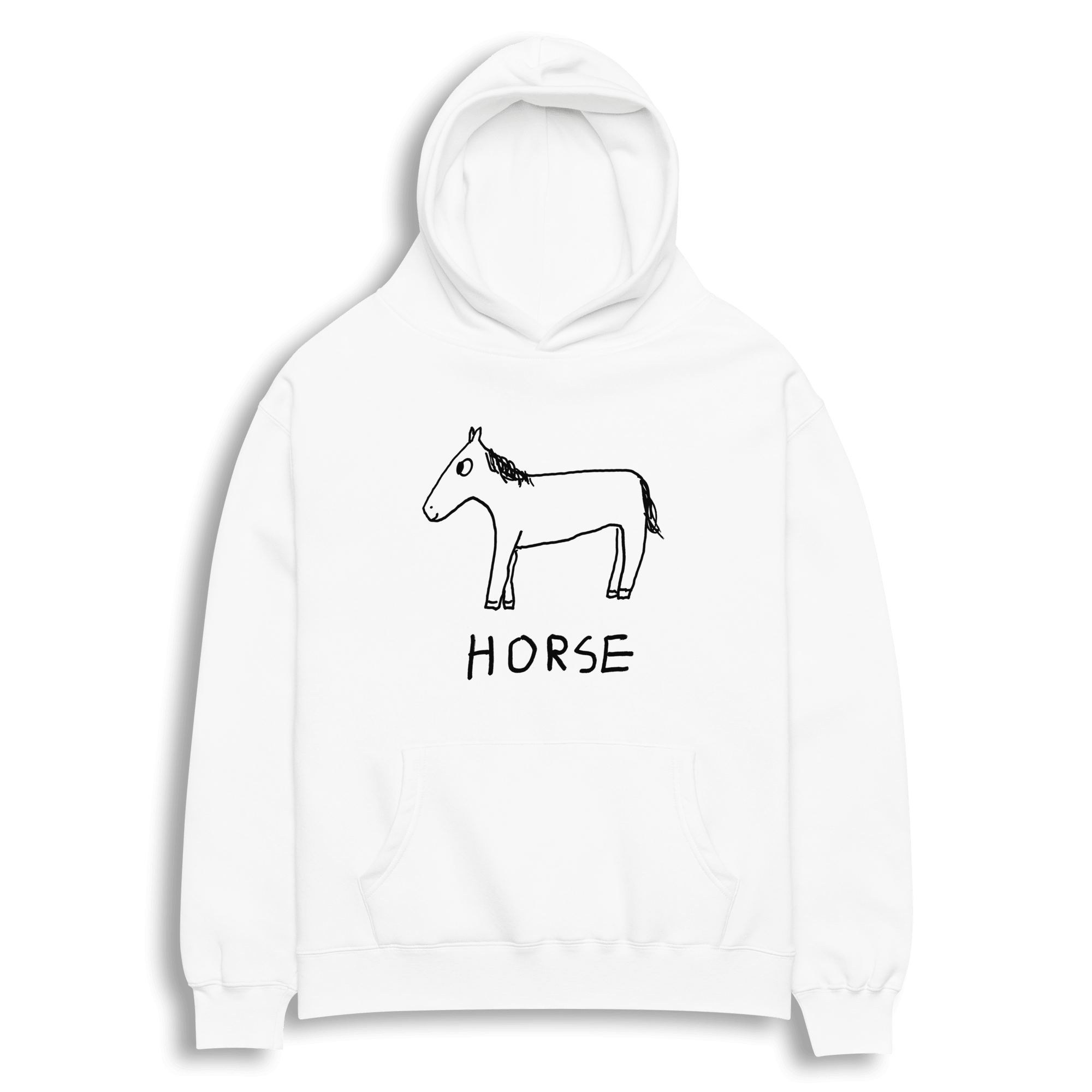 lo-fi Horse Hoodie — hand-drawn horse graphic on a white pullover hoodie