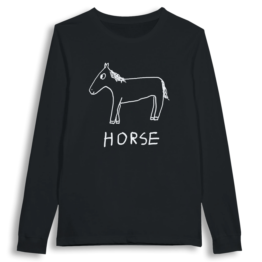 lo-fi Horse Long Sleeve Tee — hand-drawn horse graphic on a white long-sleeve t-shirt