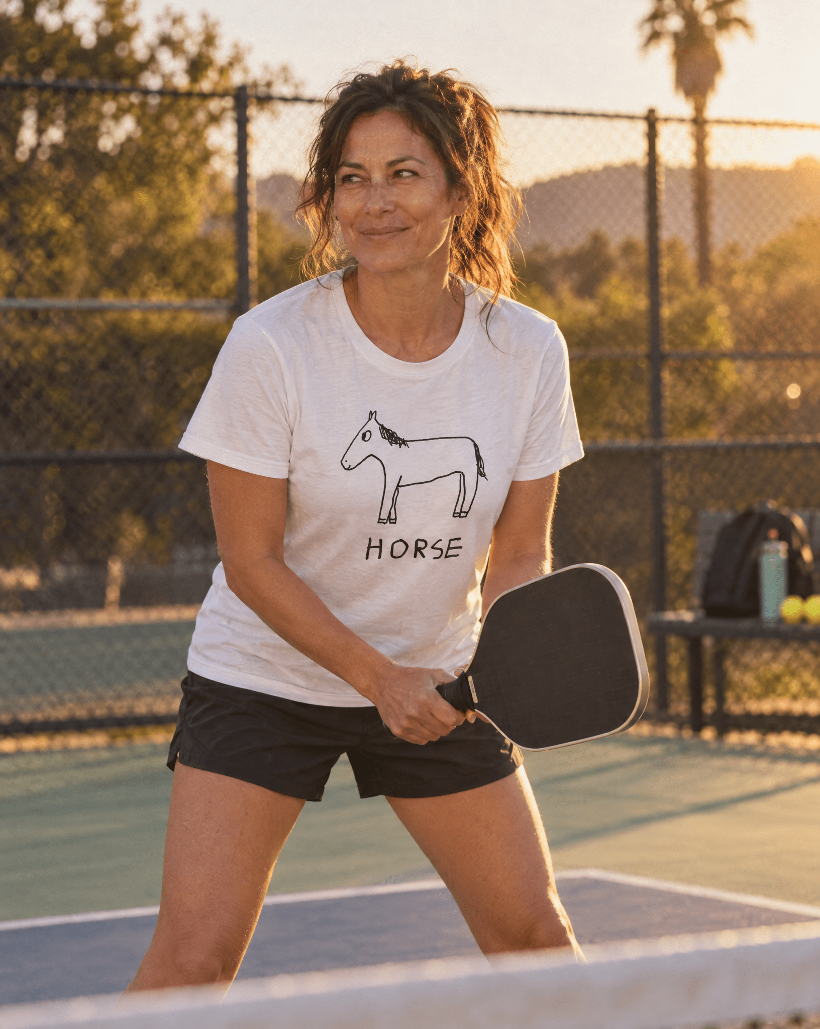 Sep 29 horse women's tee — pickleball lifestyle photo