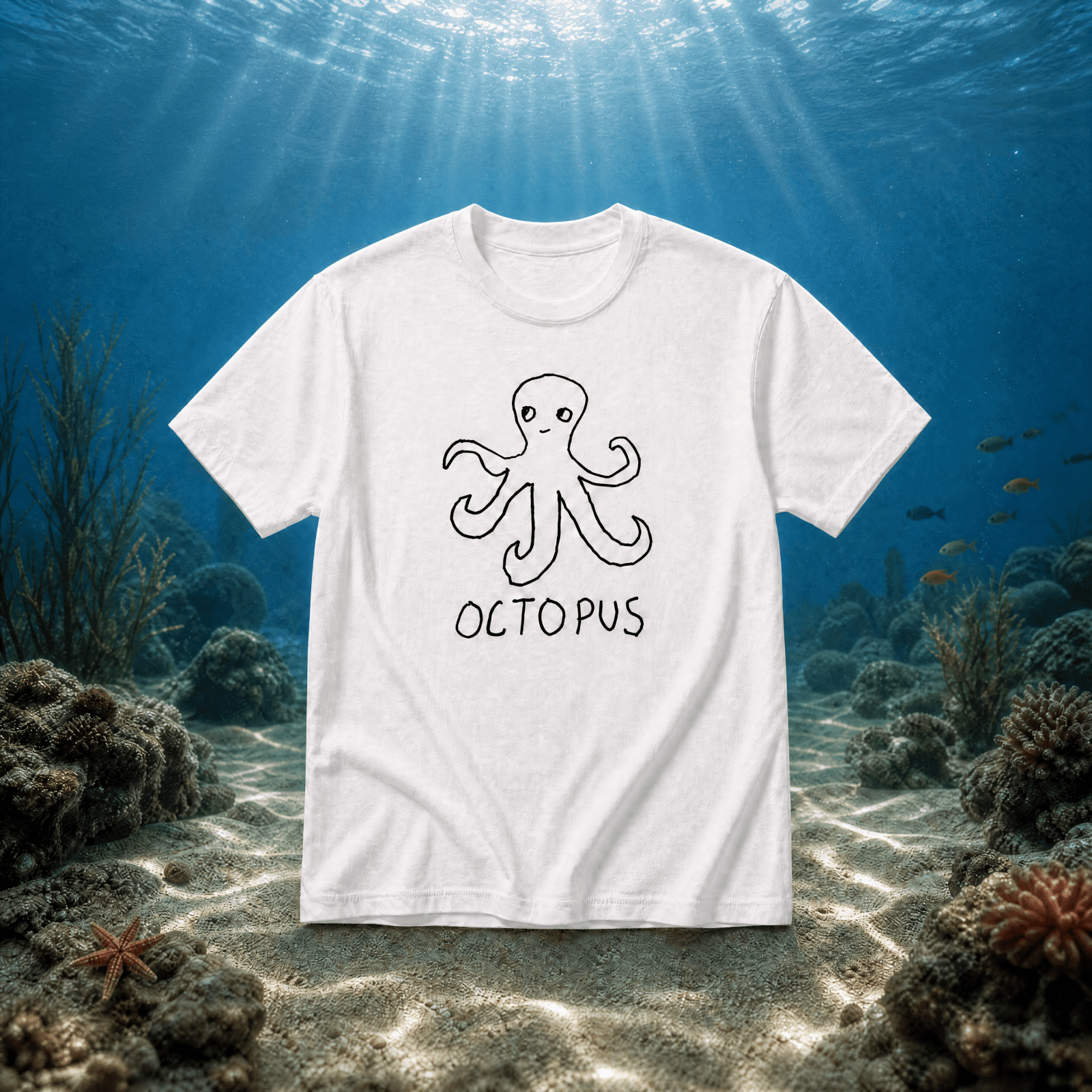 Product flat lay of a lo-fi Octopus Classic Tee in white on an underwater ocean floor backdrop