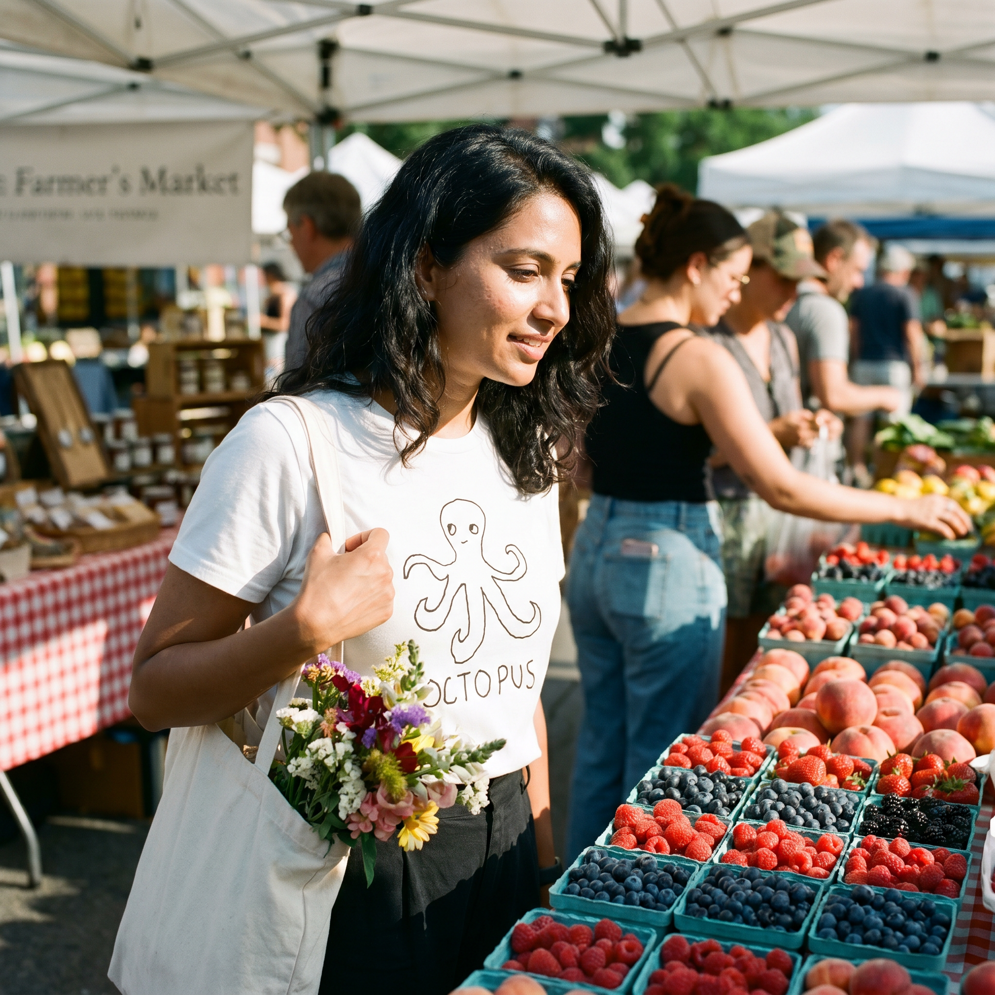 Woman holding a bouquet at a farmers market wearing a lo-fi Octopus Classic Tee