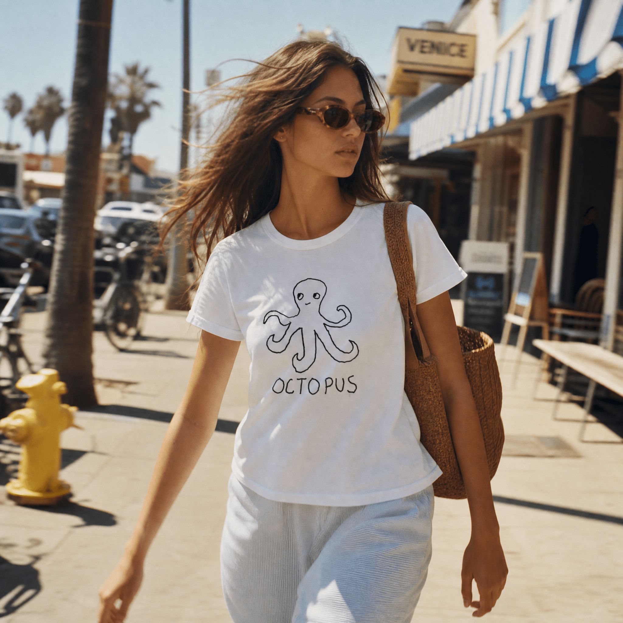 Woman walking a Venice Beach street wearing a lo-fi Octopus Women's Relaxed T-Shirt in white