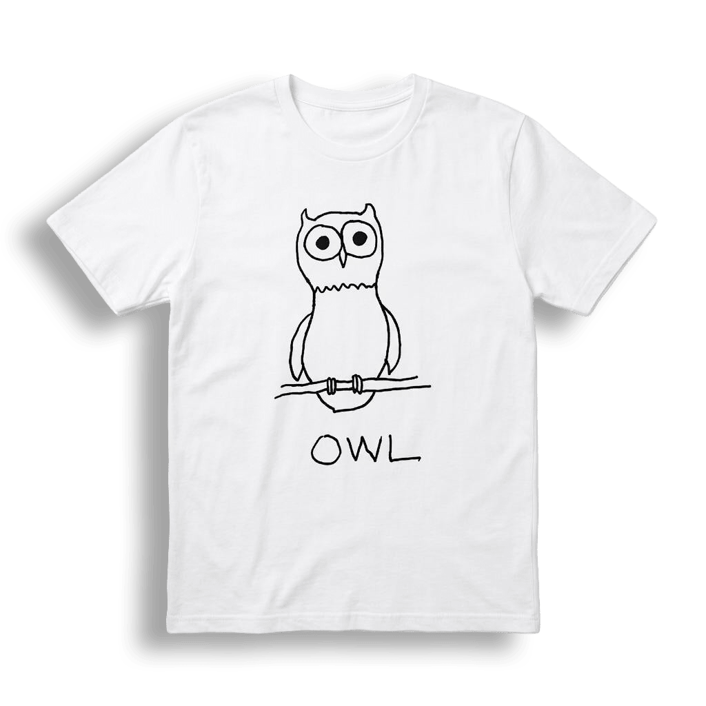 Front view of a white premium tee with a hand-drawn owl on a branch and Owl lettering