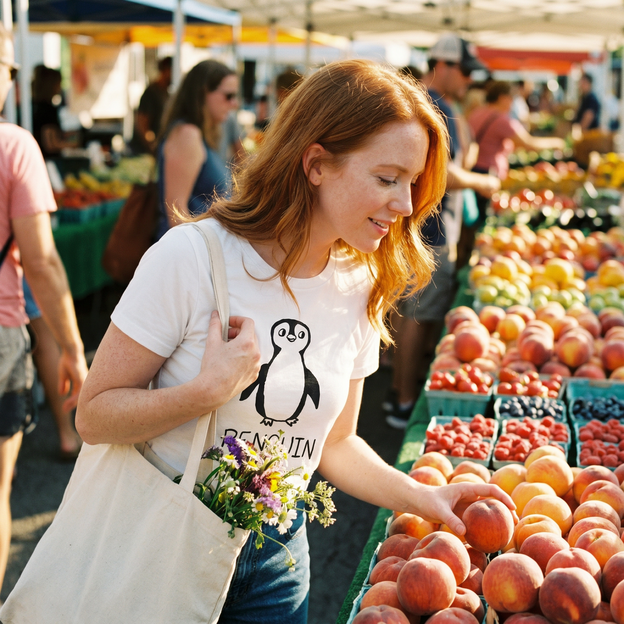 Red-haired woman browsing peaches at a farmers market wearing a lo-fi Penguin Classic Tee