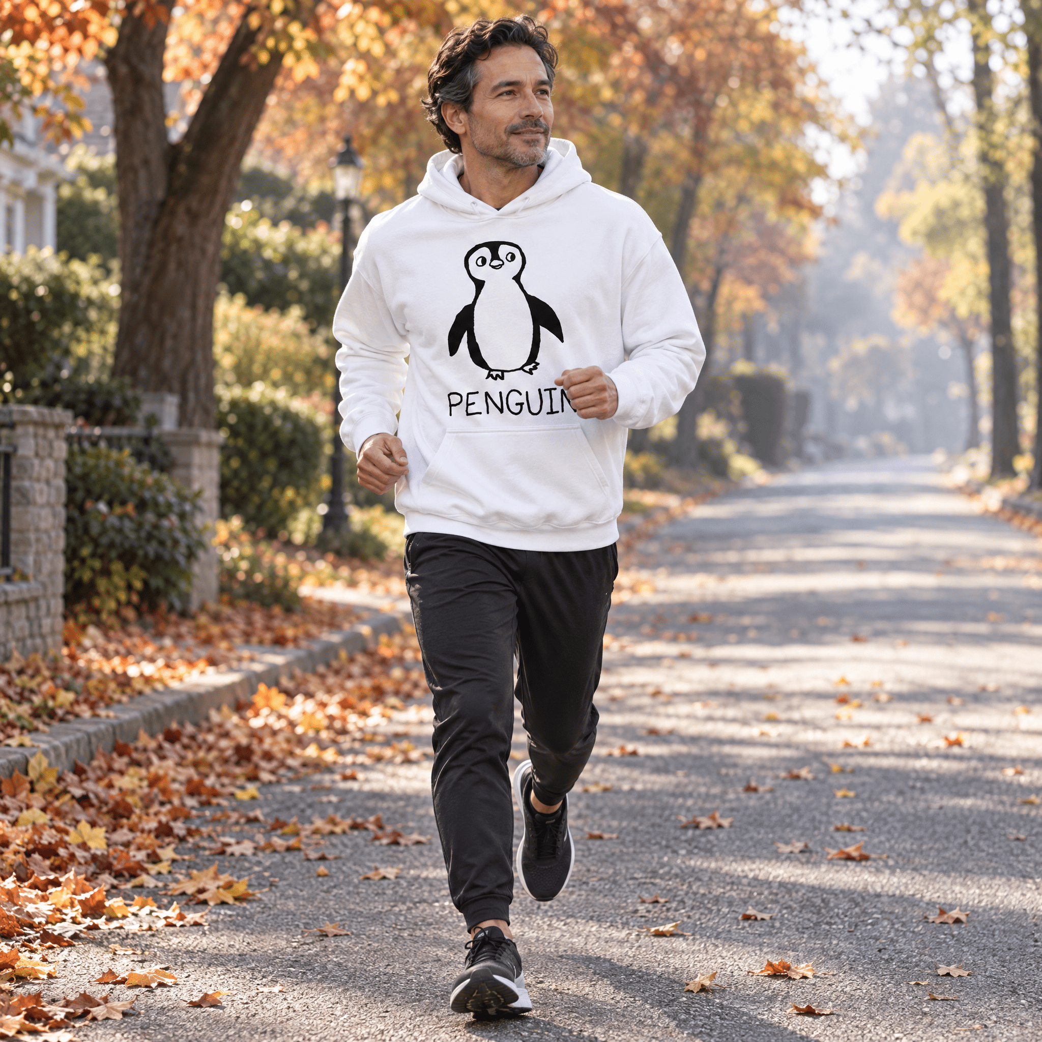 lo-fi Penguin Hoodie — hand-drawn penguin graphic on a white pullover hoodie