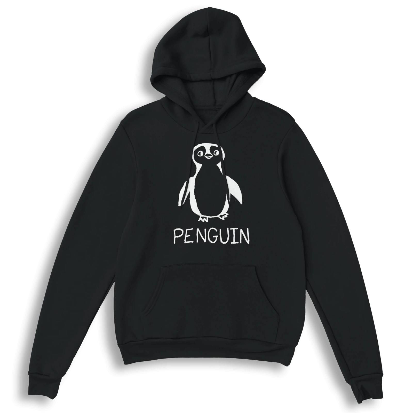 lo-fi Penguin Hoodie — hand-drawn penguin graphic on a black pullover hoodie