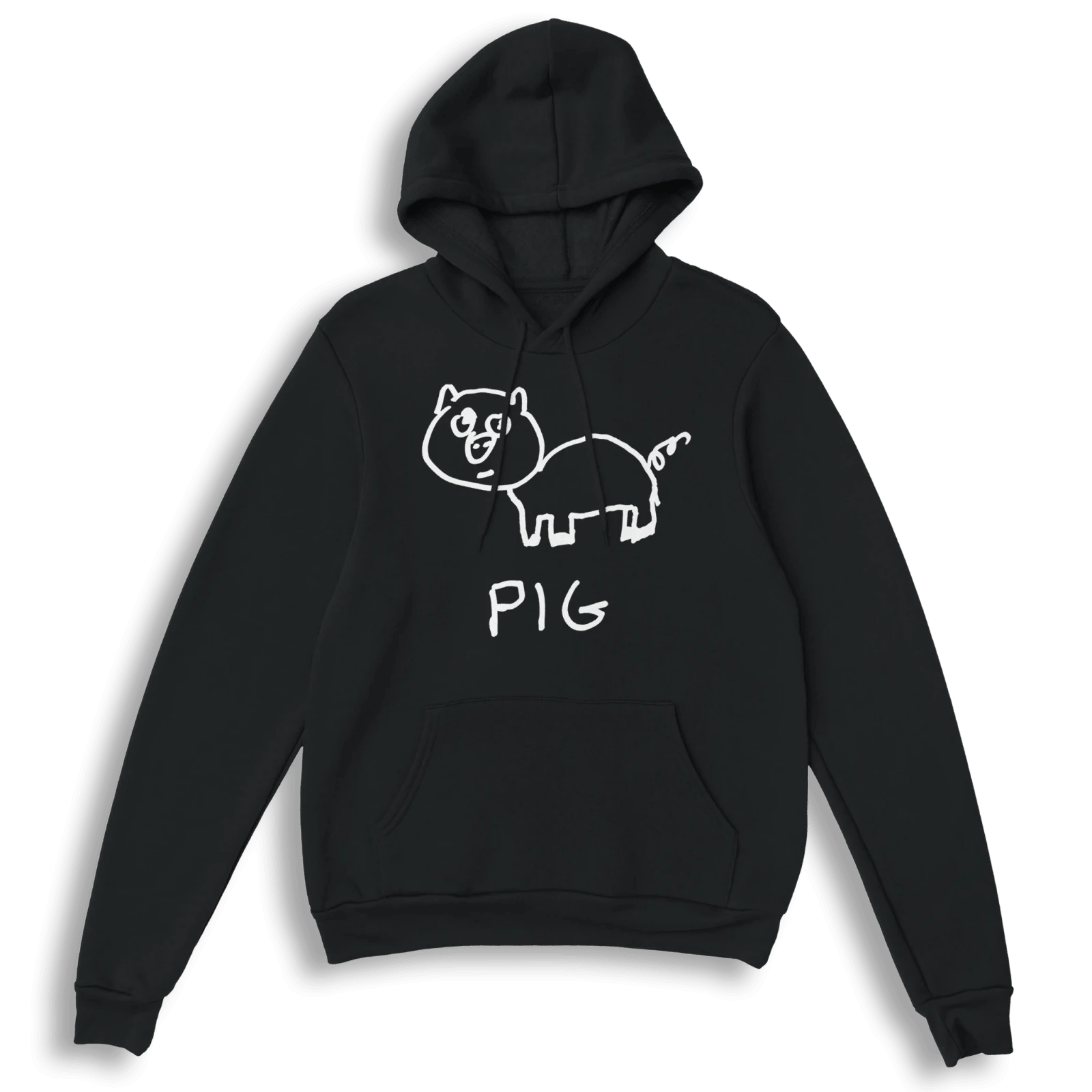 lo-fi Pig Hoodie — hand-drawn pig graphic on a black pullover hoodie