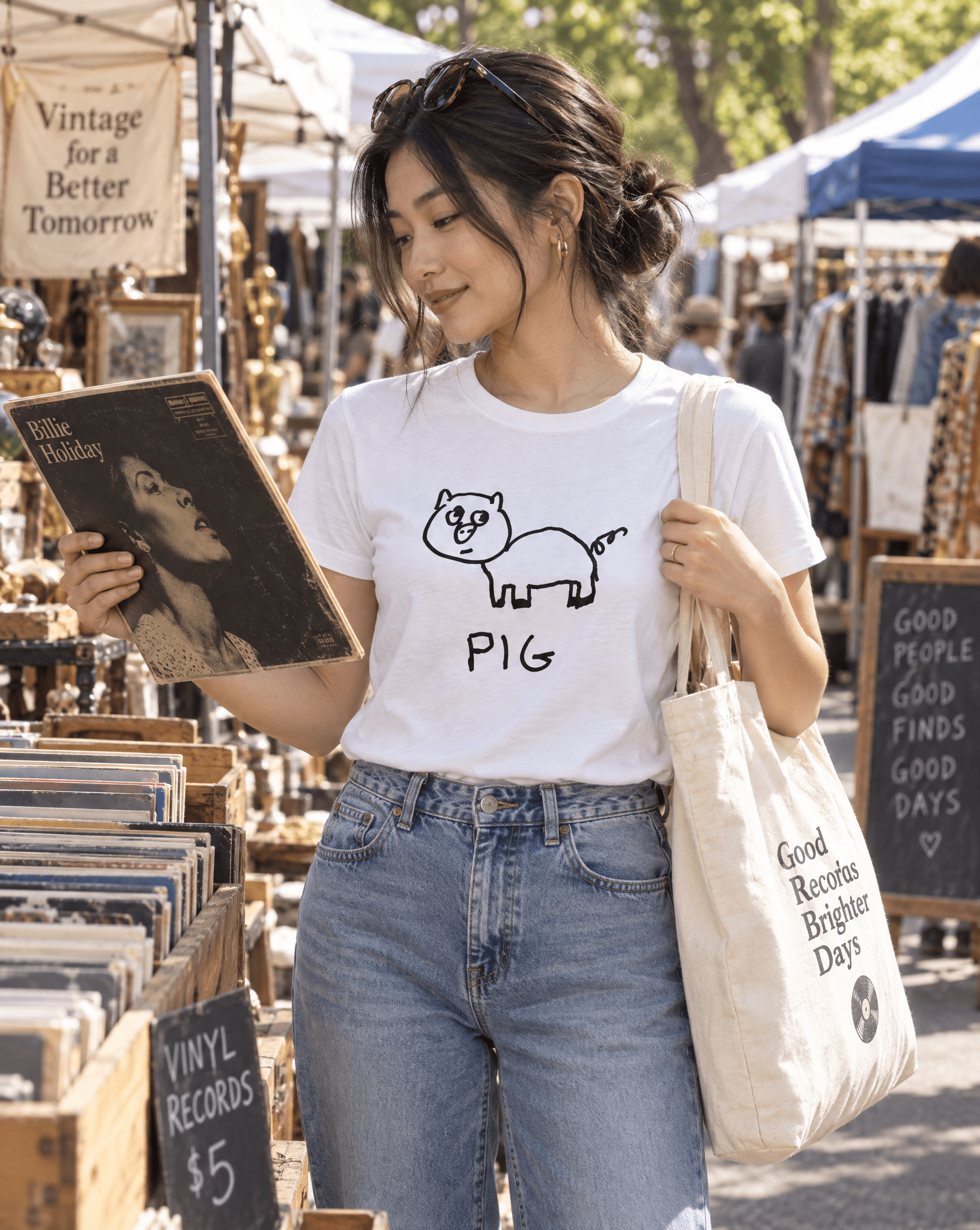 Sep 29 pig women's tee — vintage market lifestyle photo