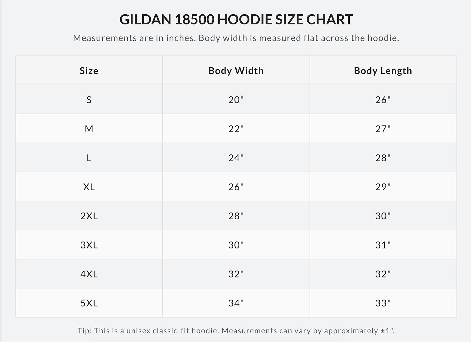 Size chart for Gildan 18500 Hoodie Sweatshirt