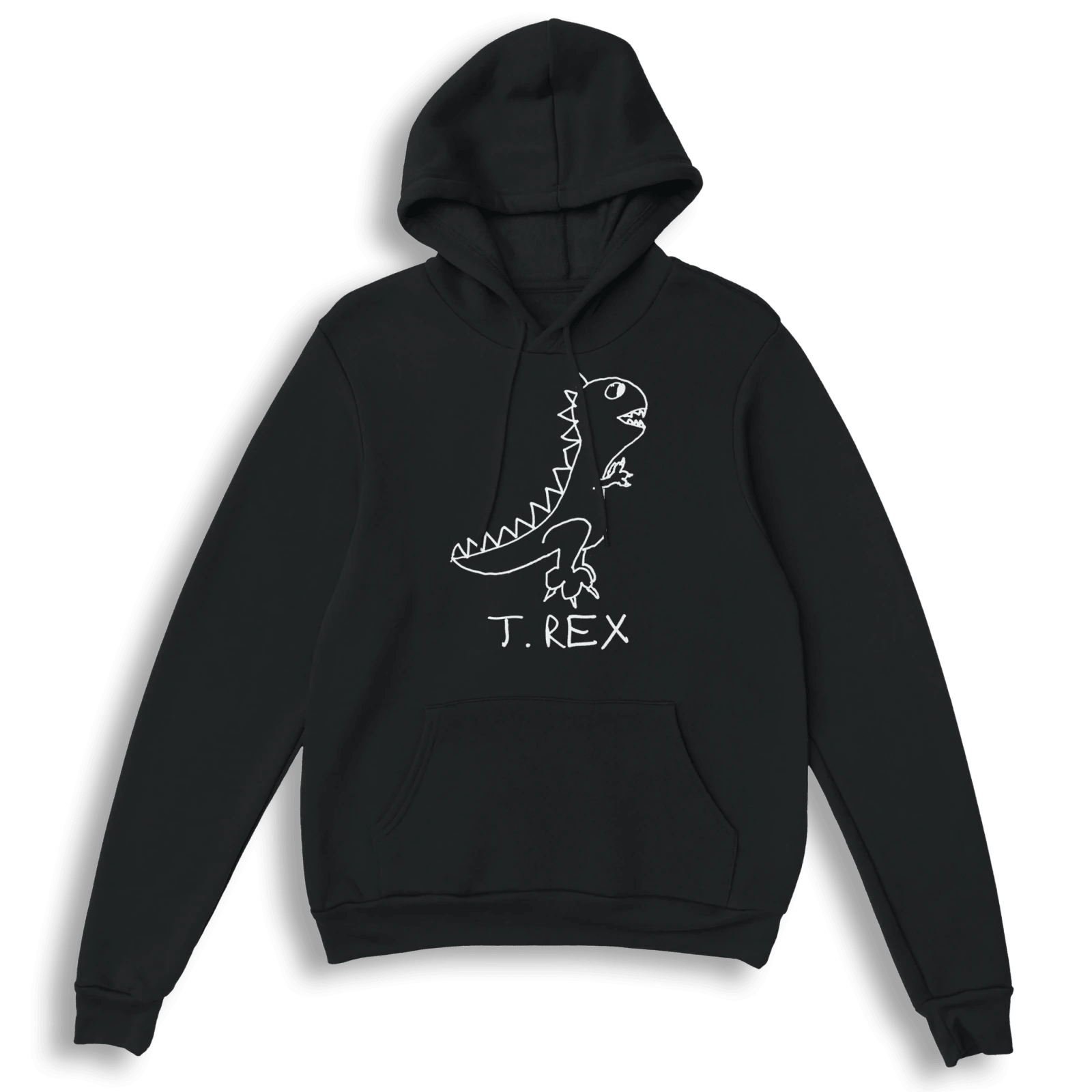 lo-fi T. Rex Hoodie — hand-drawn T. Rex graphic on a black pullover hoodie