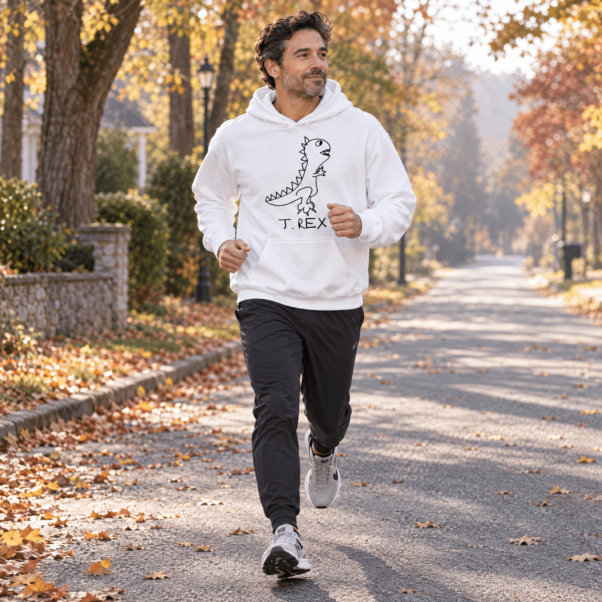lo-fi T. Rex Hoodie — hand-drawn T. Rex graphic on a white pullover hoodie