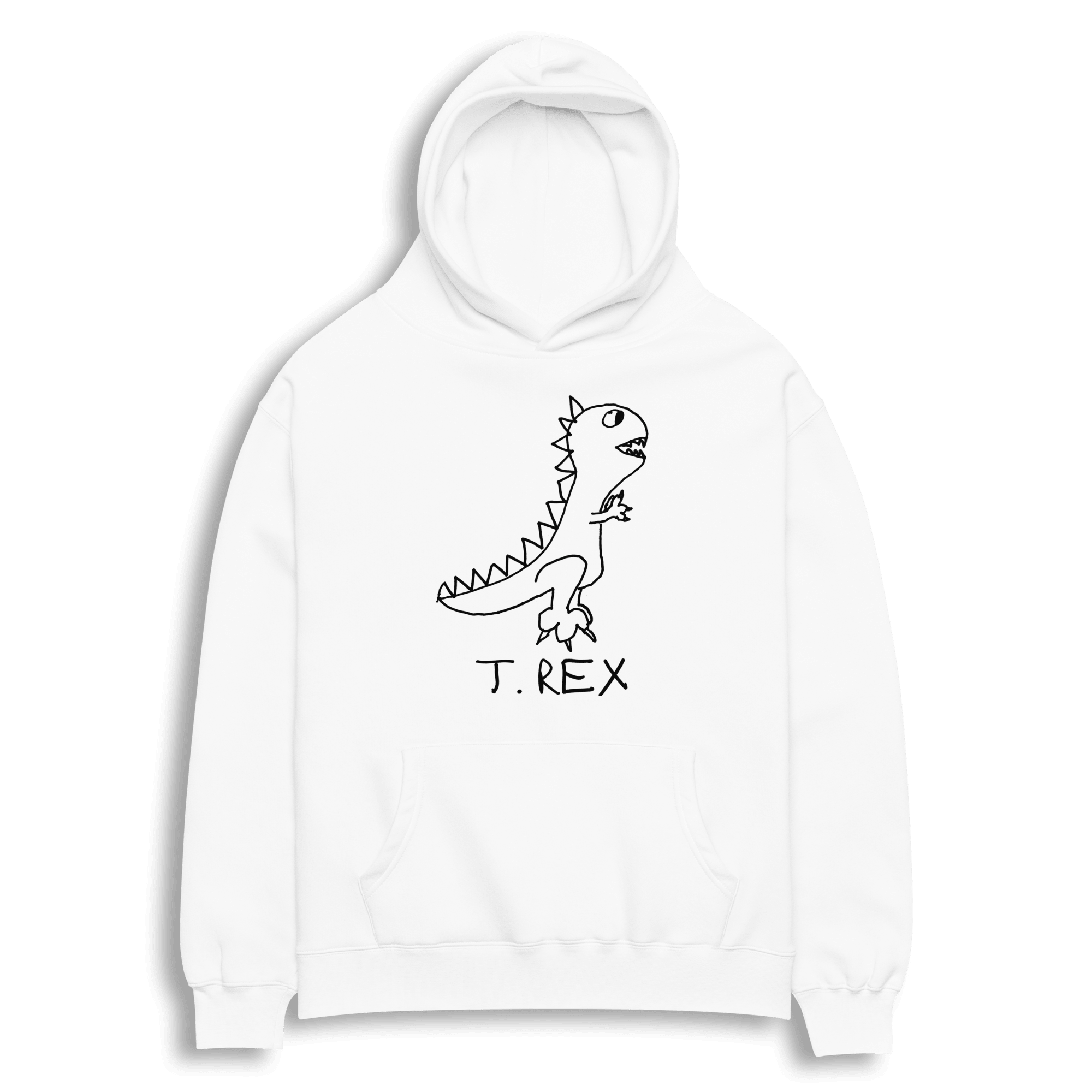 lo-fi T. Rex Hoodie — hand-drawn T. Rex graphic on a white pullover hoodie