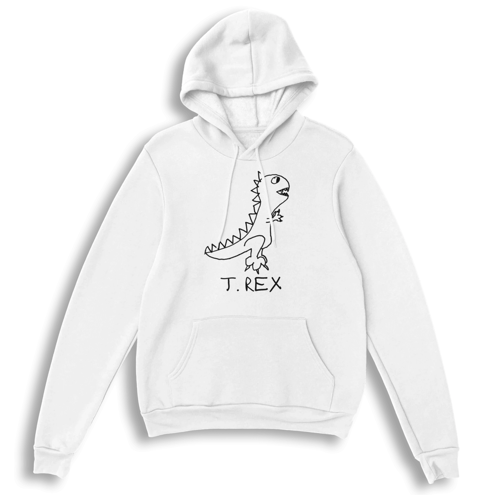 lo-fi T. Rex Hoodie — hand-drawn T. Rex graphic on a white pullover hoodie