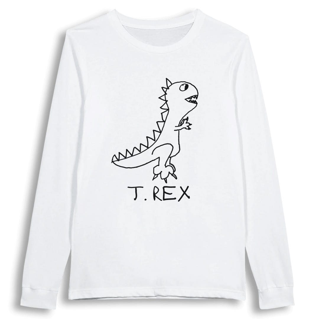lo-fi T. Rex Long Sleeve Tee — hand-drawn T. Rex graphic on a white long-sleeve t-shirt