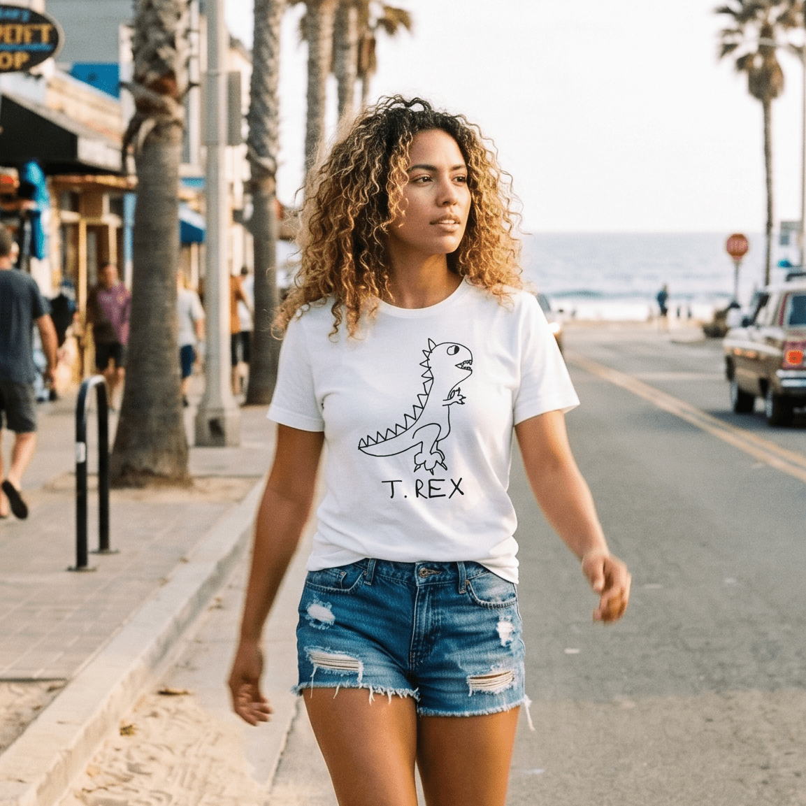 Woman walking a palm-lined beach town street in a lo-fi T. Rex Women's Relaxed T-Shirt in white
