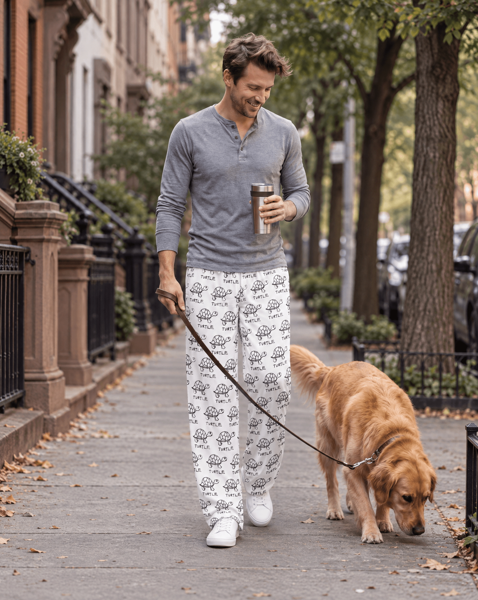 LoFi Turtle Lounge Pants lifestyle photo — neighborhood walk