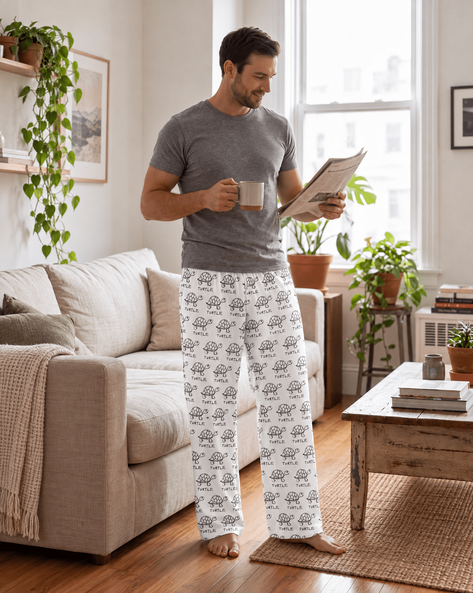 LoFi Turtle Lounge Pants lifestyle photo — coffee morning