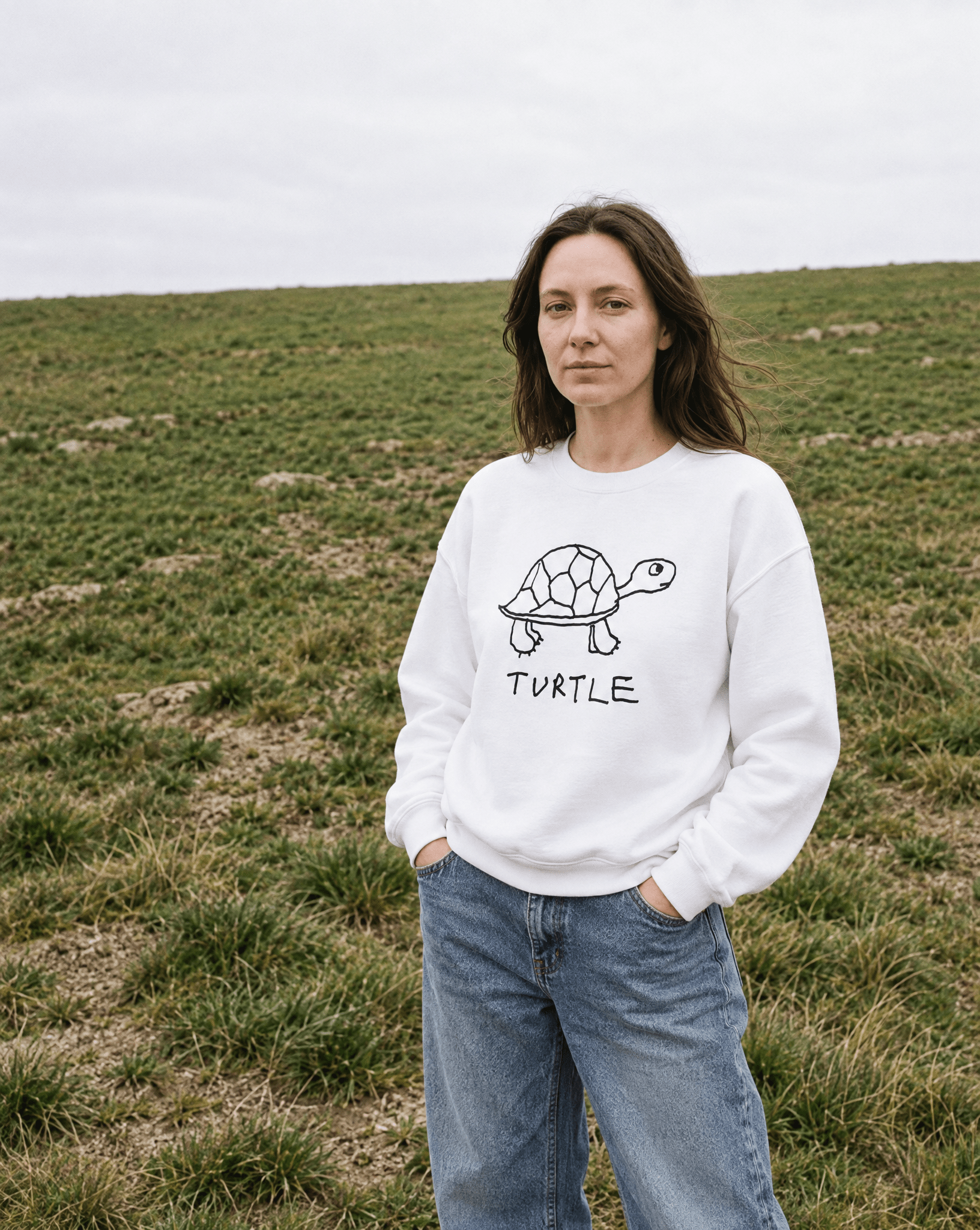 LoFi Turtle Crewneck Sweatshirt lifestyle photo — windswept hill