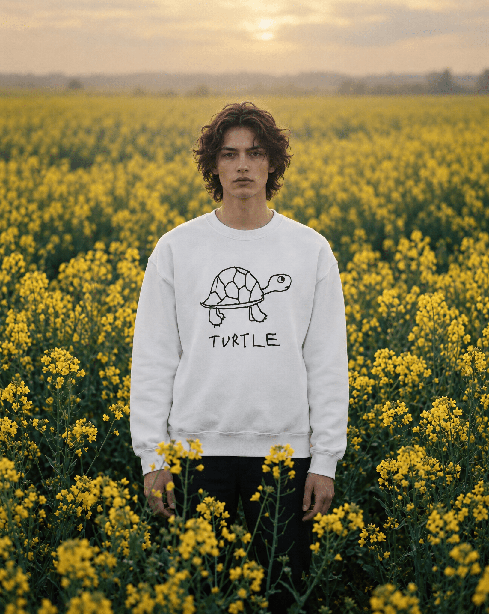 LoFi Turtle Crewneck Sweatshirt lifestyle photo — yellow blooms