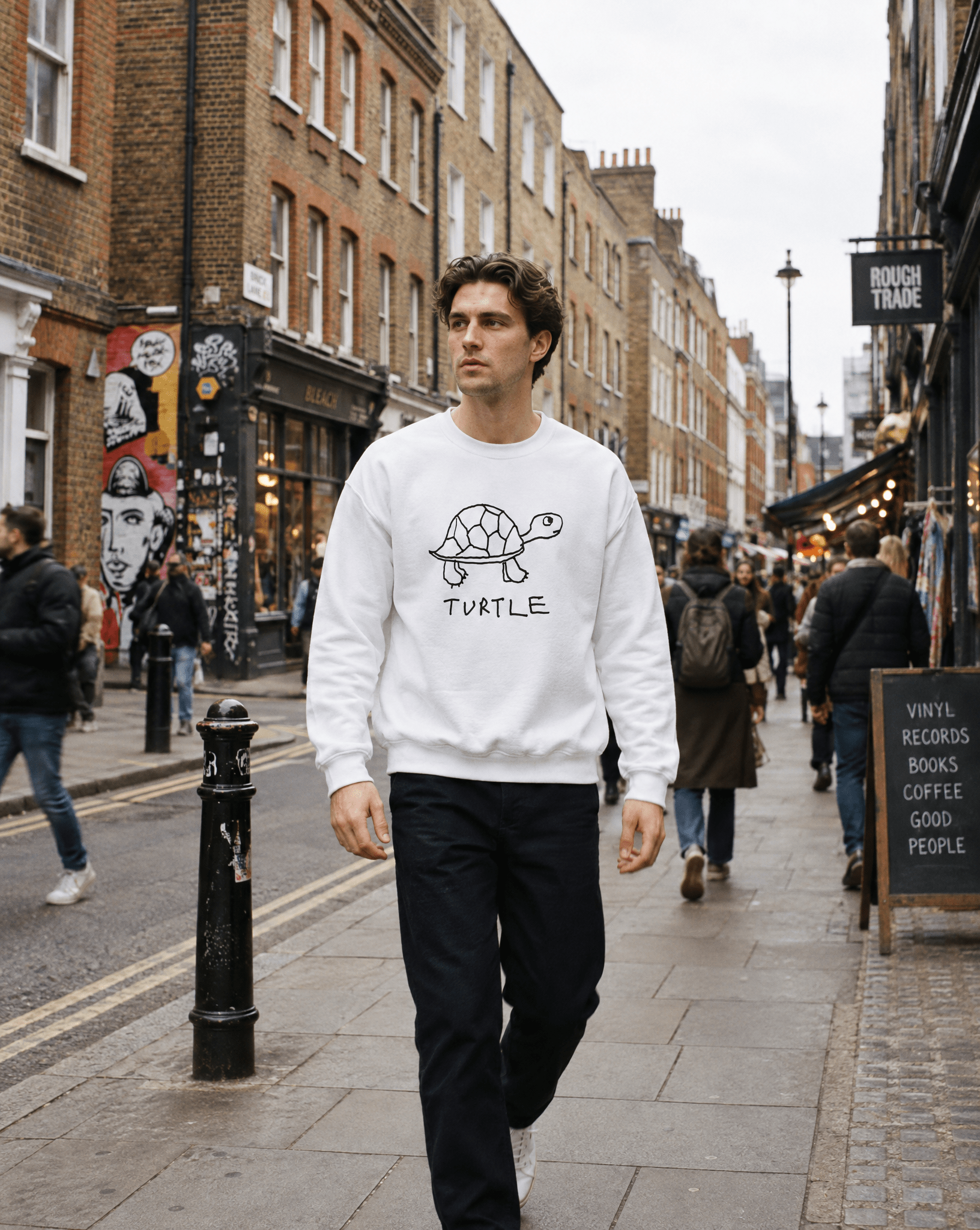 LoFi Turtle Crewneck Sweatshirt lifestyle photo — London street