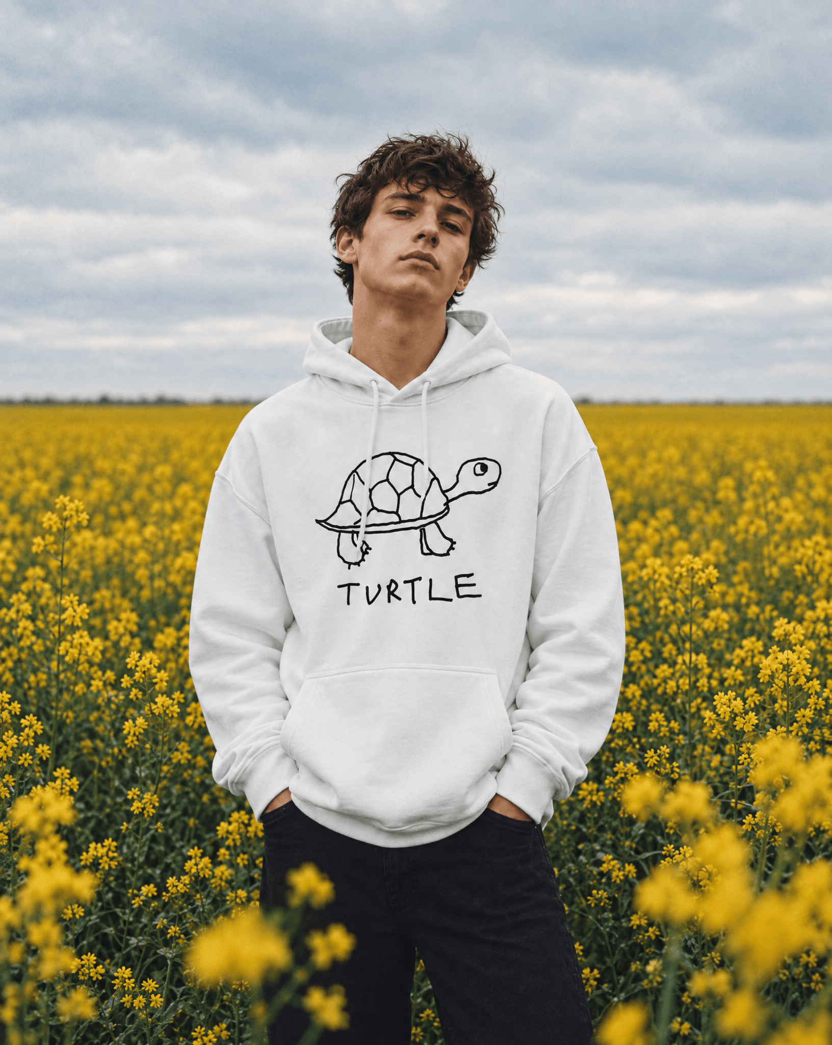 LoFi Turtle Hoodie lifestyle photo — yellow field