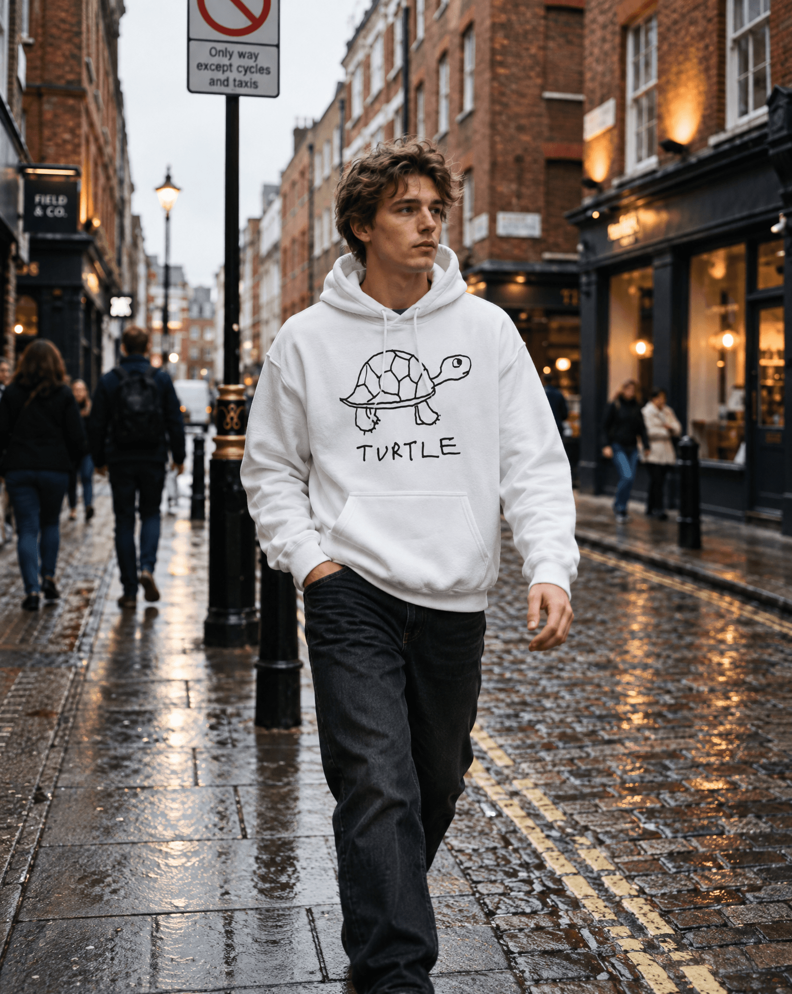 LoFi Turtle Hoodie lifestyle photo — city walk