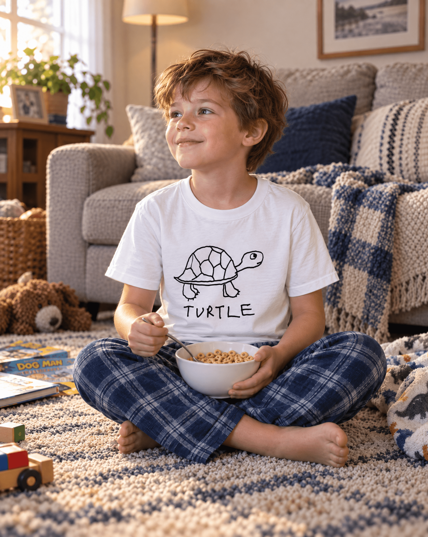 LoFi Turtle Kids Tee lifestyle photo — cereal morning