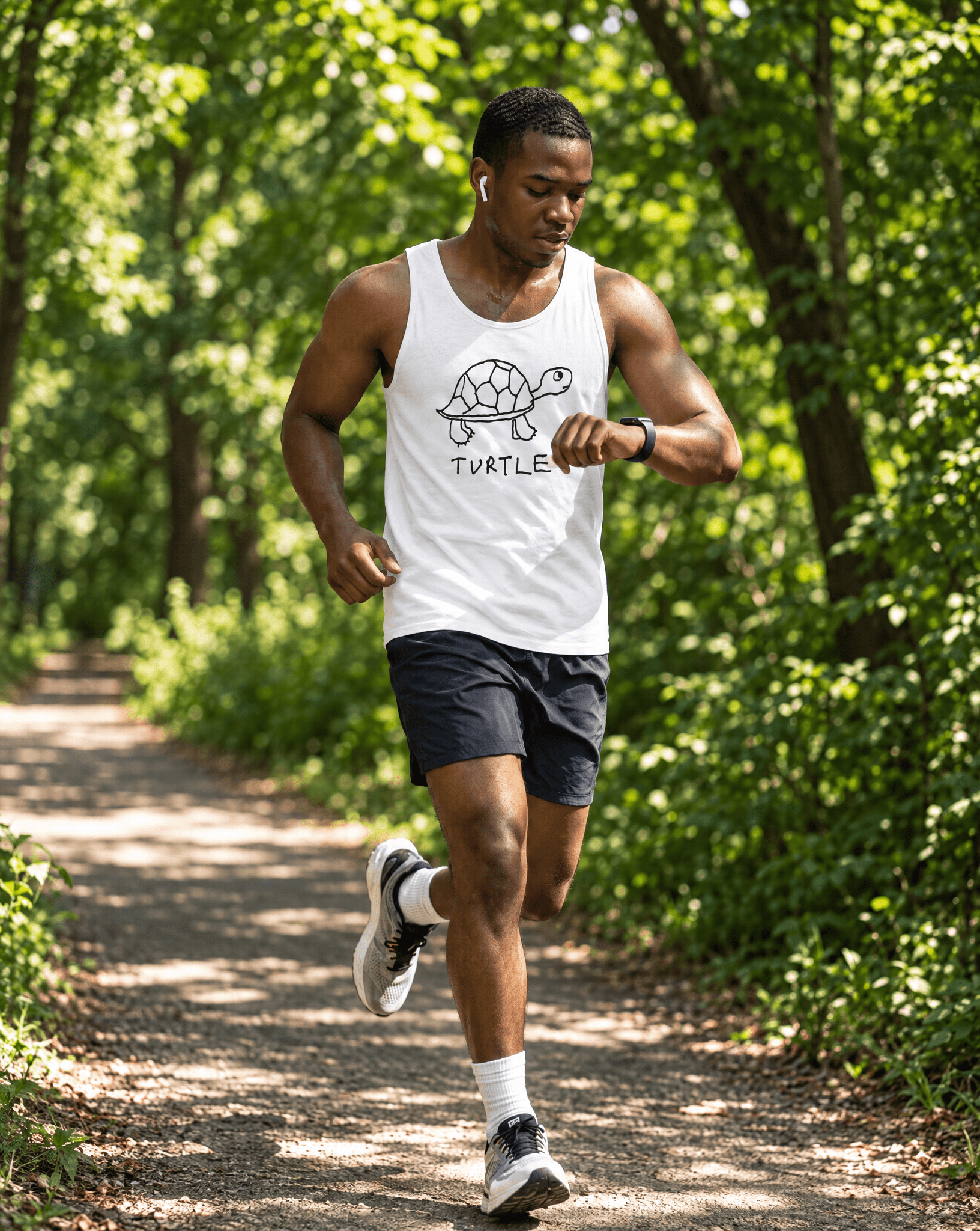 LoFi Turtle Tank Top lifestyle photo — wooded run